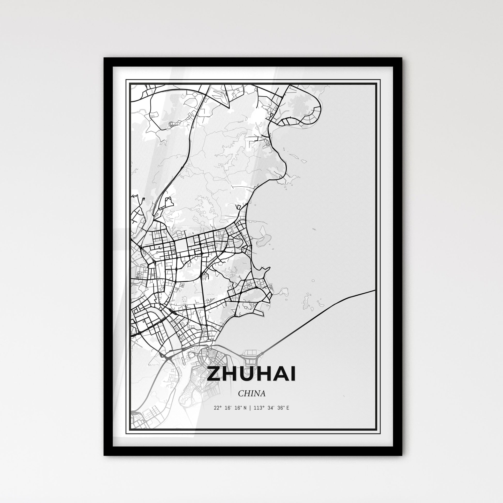 Zhuhai China - Scandinavian Style City Map for Modern Home Decor