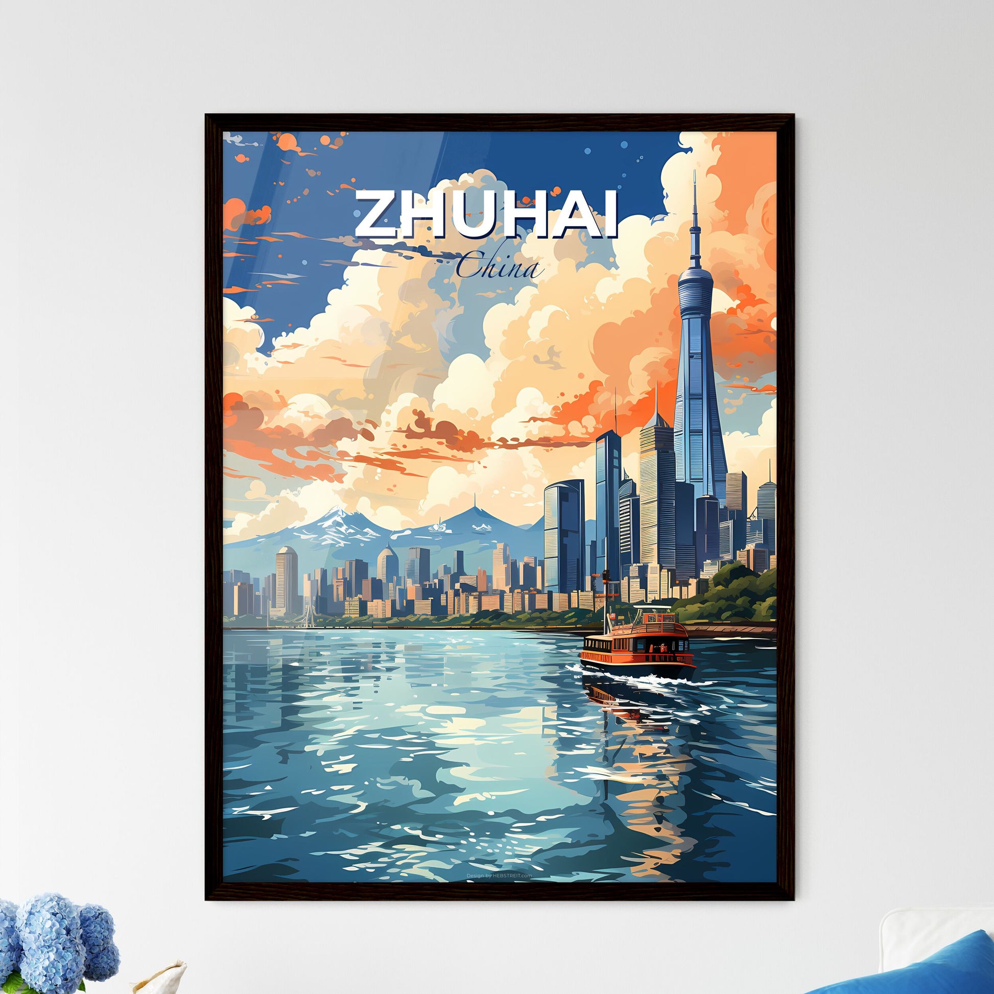 Vibrant City Skyline Artwork - Zhuhai China Skyline Painting With Boat in Water Default Title