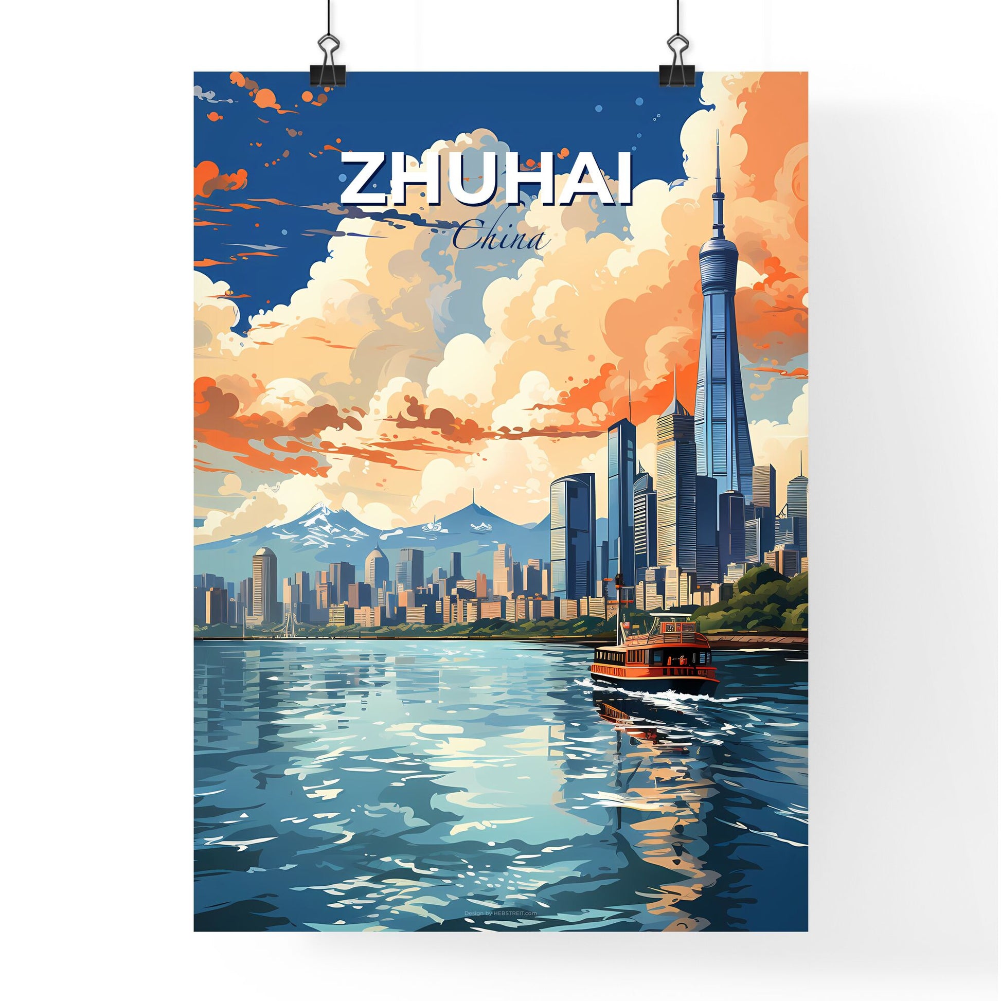 Vibrant City Skyline Artwork - Zhuhai China Skyline Painting With Boat in Water Default Title