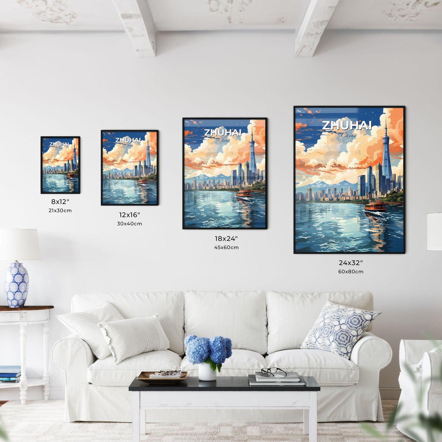 Vibrant City Skyline Artwork - Zhuhai China Skyline Painting With Boat in Water Default Title