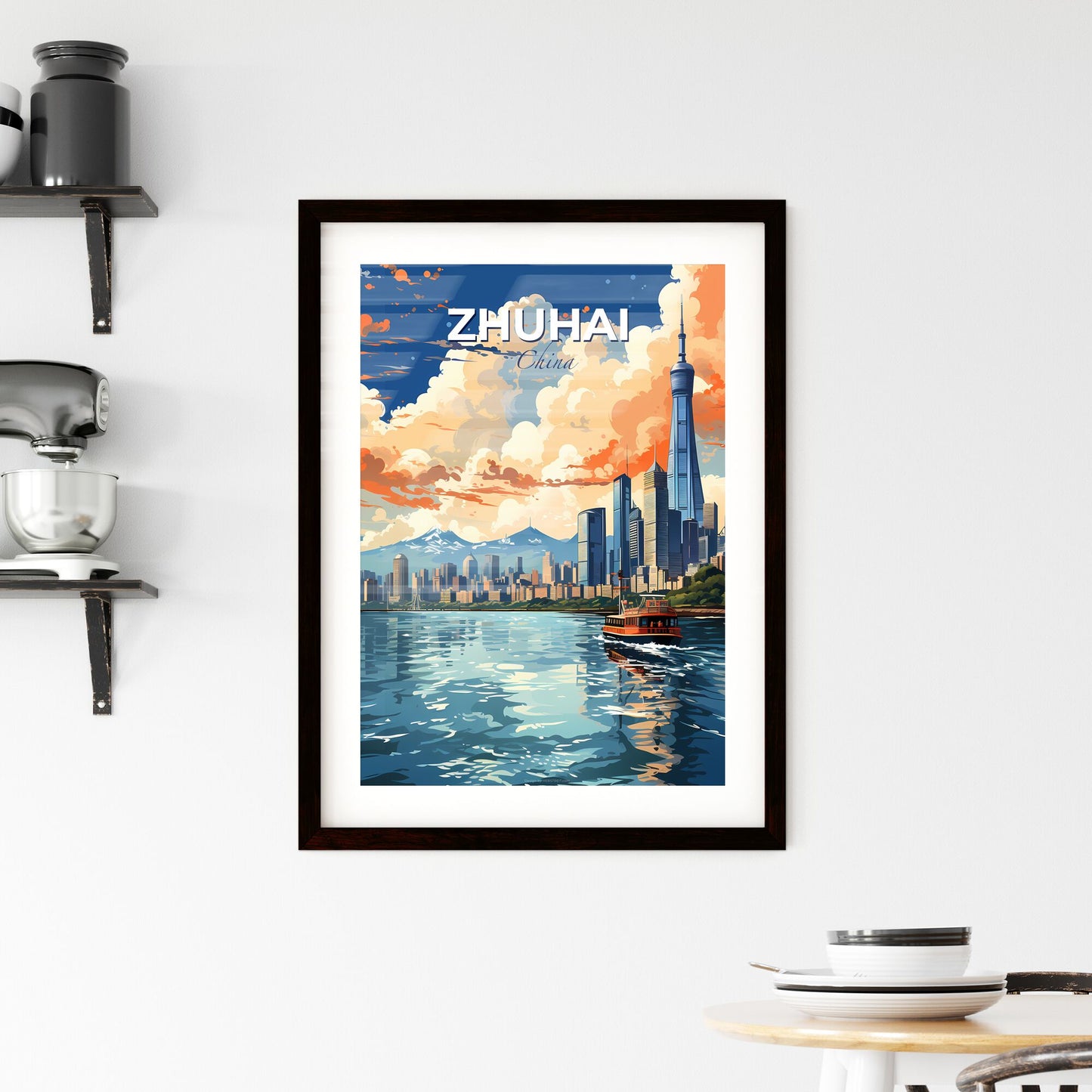 Vibrant City Skyline Artwork - Zhuhai China Skyline Painting With Boat in Water Default Title