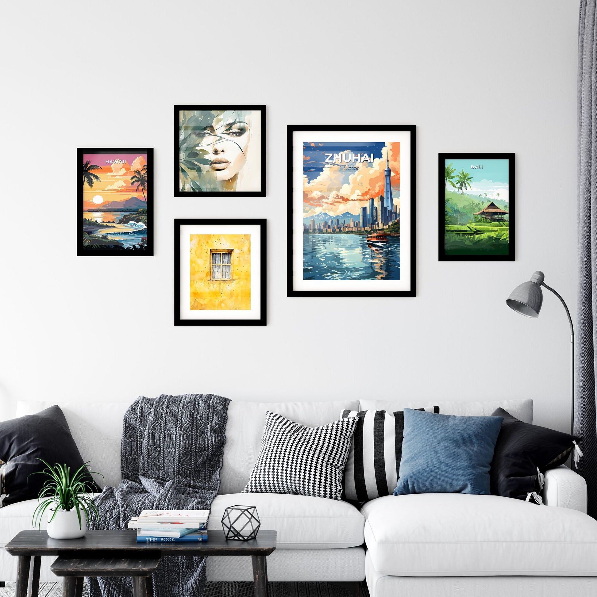 Vibrant City Skyline Artwork - Zhuhai China Skyline Painting With Boat in Water Default Title