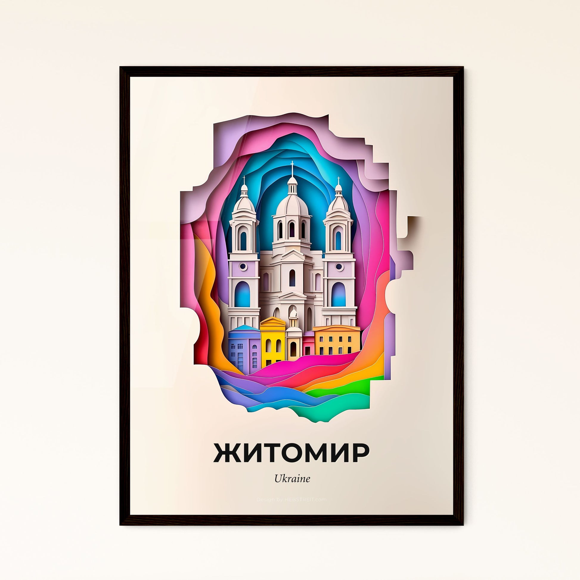 Vivid Zhytomyr, Ukraine - a paper cut of a church with a rainbow background