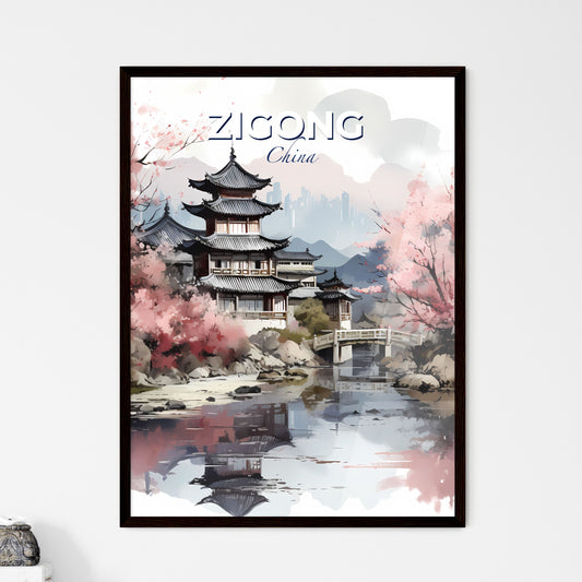 Vibrant Painting of Zigong China Skyline with Bridge Over Water Default Title