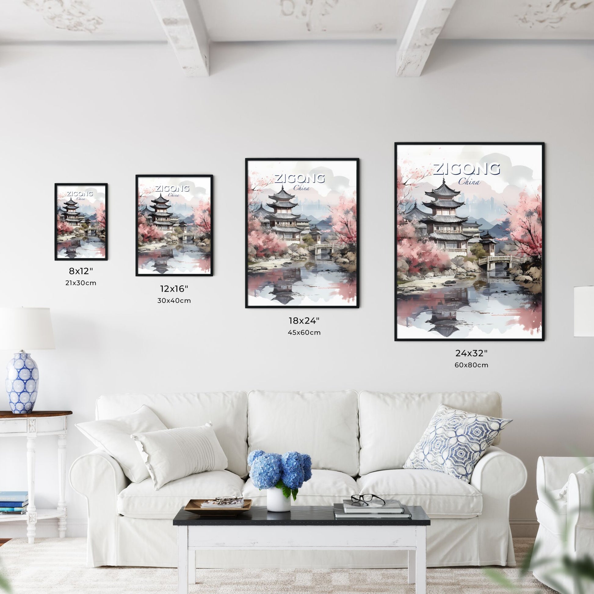 Vibrant Painting of Zigong China Skyline with Bridge Over Water Default Title