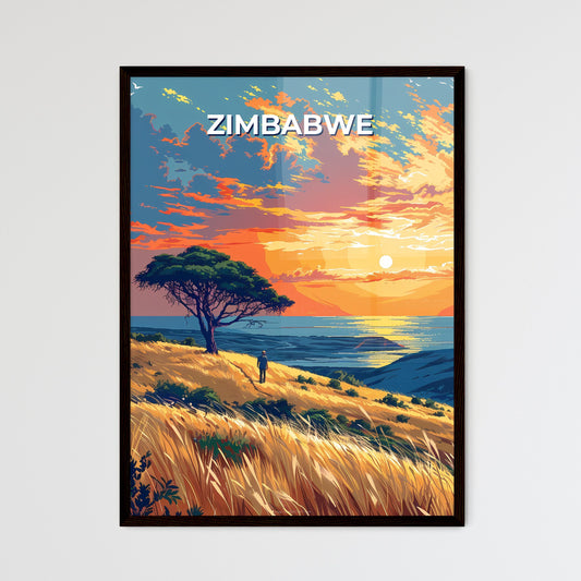 Vibrant African Art Painting, Hilltop Figure, Tree, Water, Zimbabwe