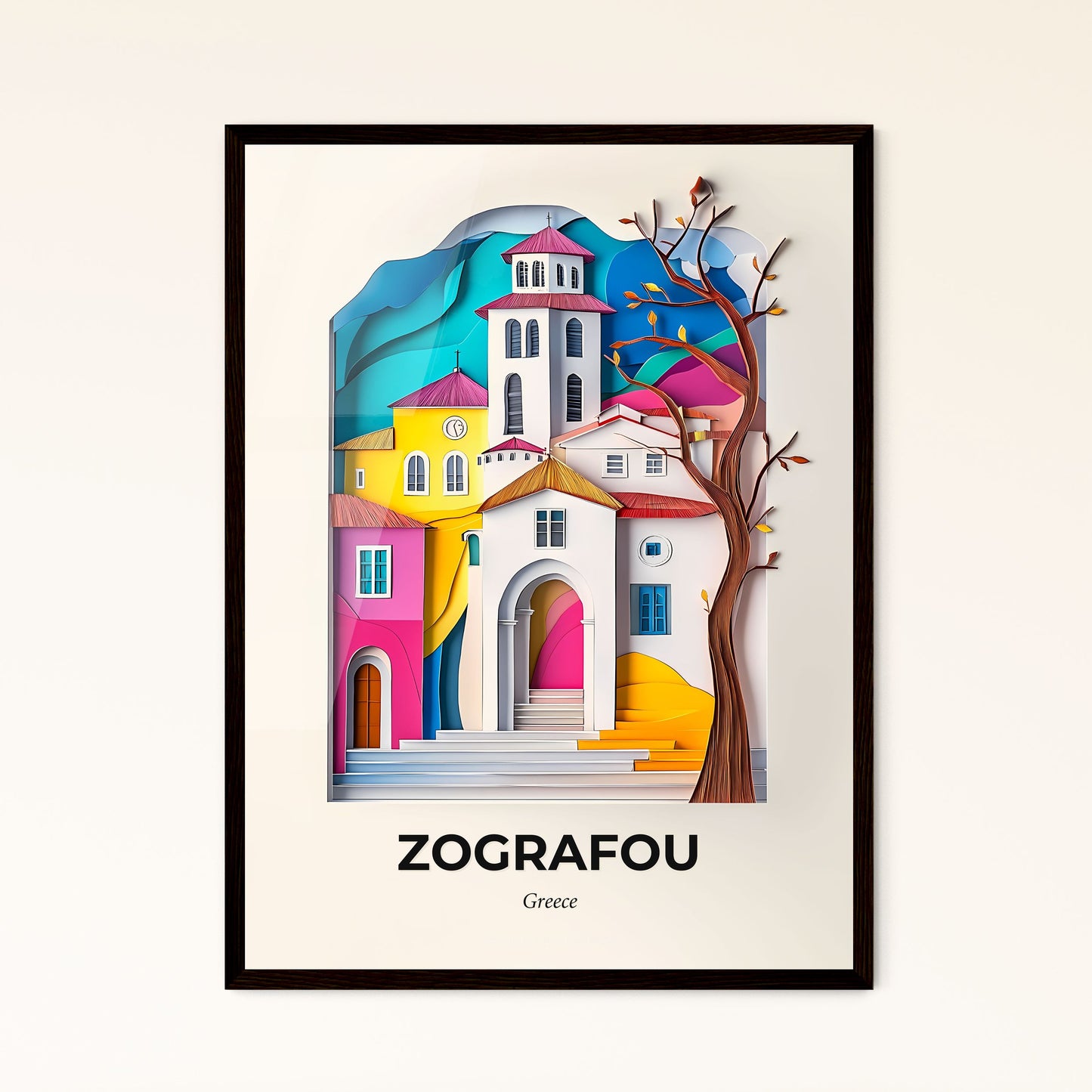 Vivid Zografou, Greece - a paper cut of a church and a tree