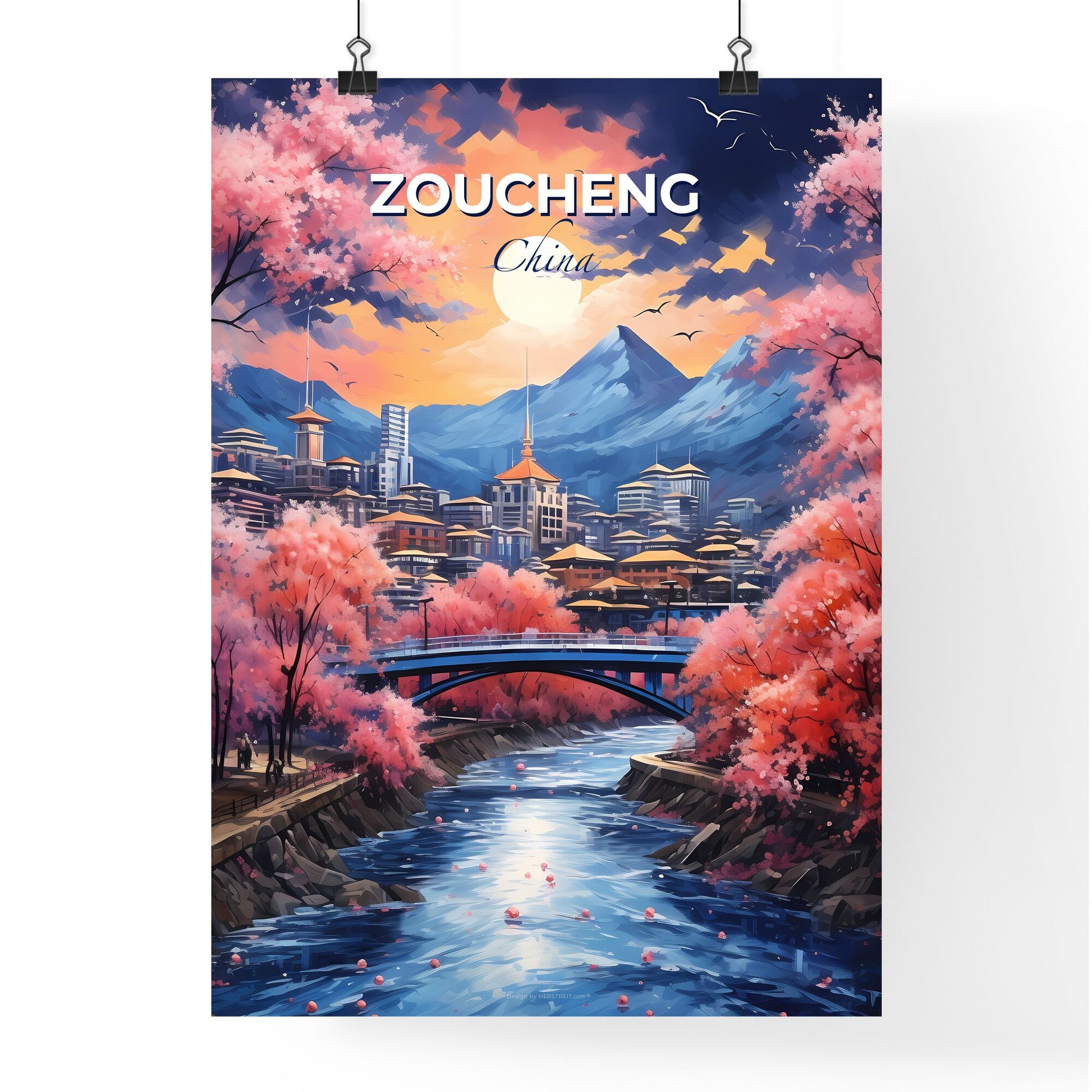 Artistic Zoucheng Cityscape Painting - River Through Vibrant Metropolis Default Title