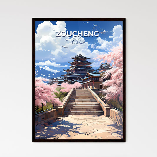 Fine Art Painting of Zoucheng China Skyline Depicting Stone Walkway Leading to Traditional Building with Pagoda and Vibrant Cherry Blossom Trees Default Title