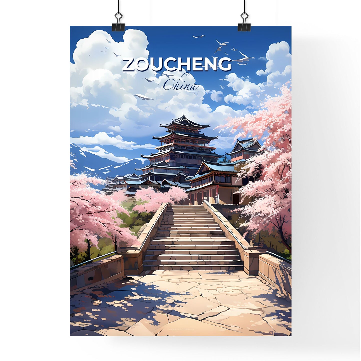 Fine Art Painting of Zoucheng China Skyline Depicting Stone Walkway Leading to Traditional Building with Pagoda and Vibrant Cherry Blossom Trees Default Title