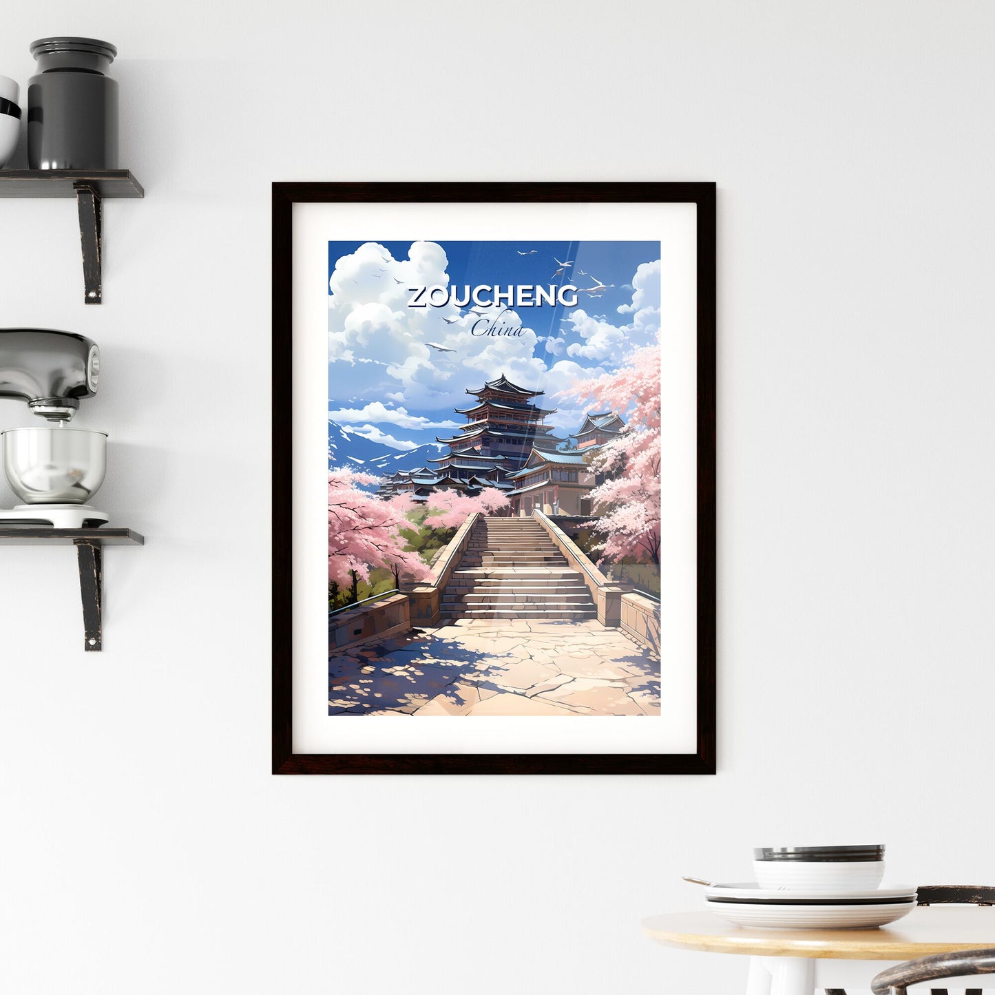 Fine Art Painting of Zoucheng China Skyline Depicting Stone Walkway Leading to Traditional Building with Pagoda and Vibrant Cherry Blossom Trees Default Title