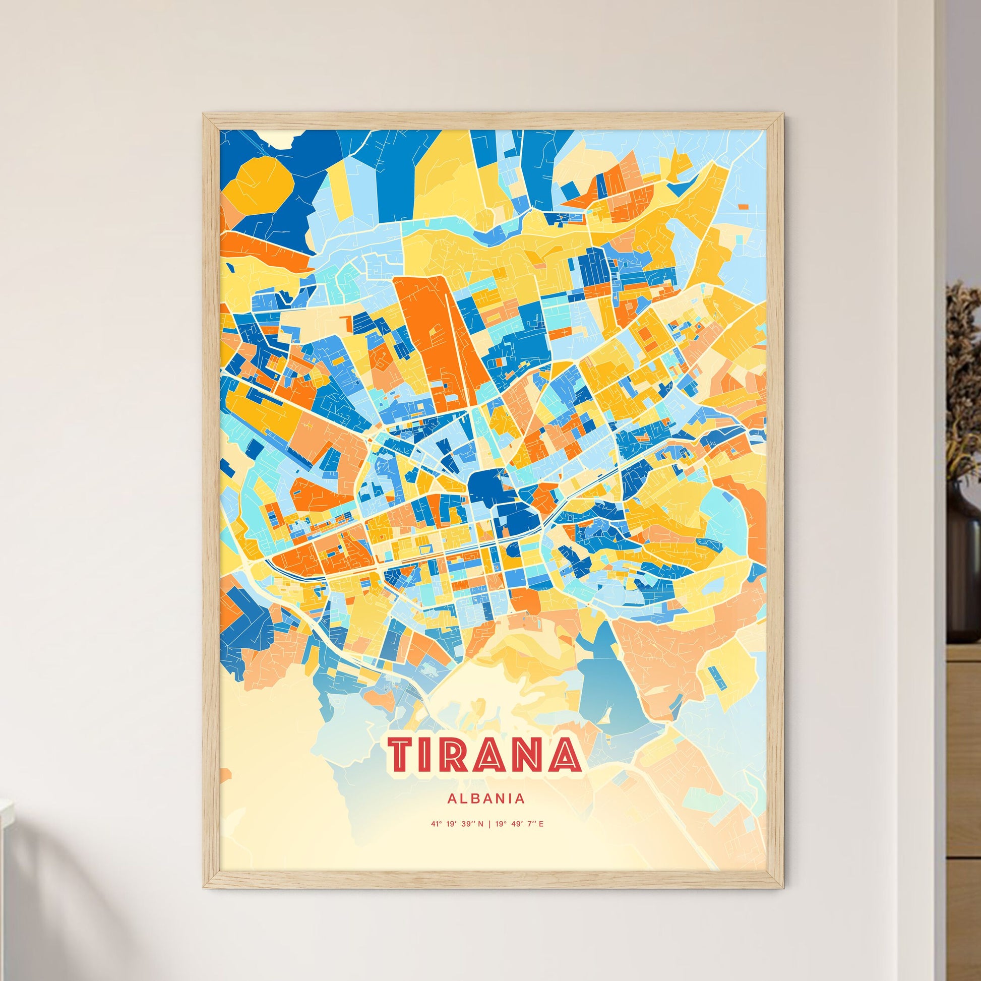 Colorful Tirana Albania Fine Art Map Blue Orange