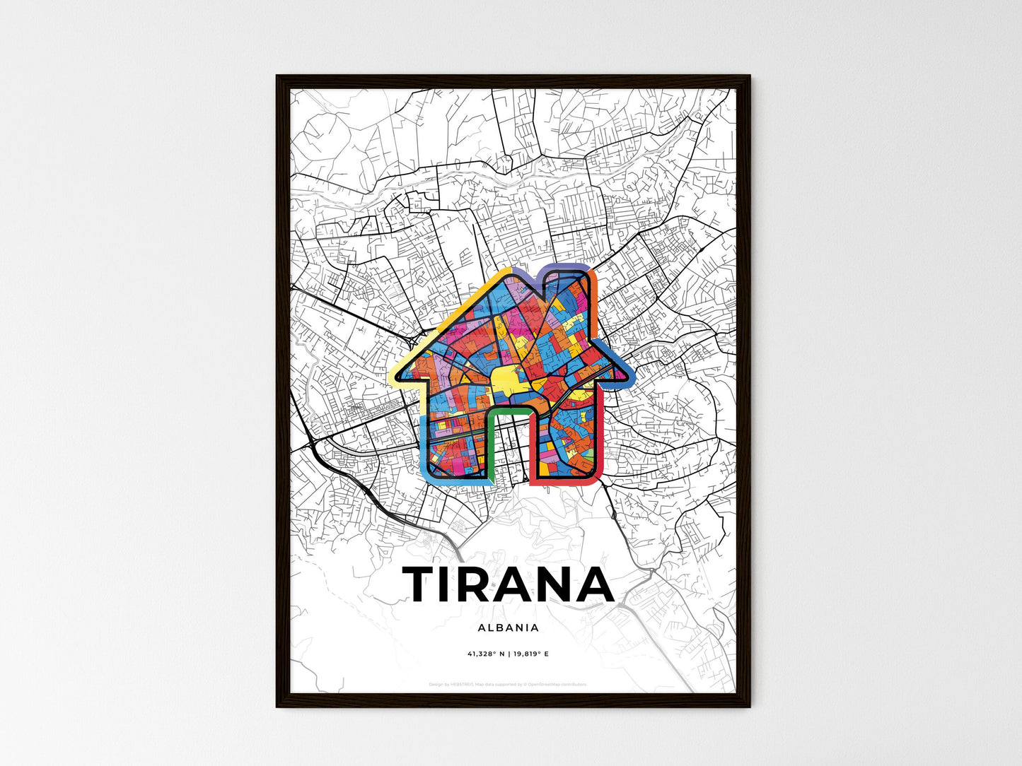 TIRANA ALBANIA minimal art map with a colorful icon. Where it all began, Couple map gift. Style 3