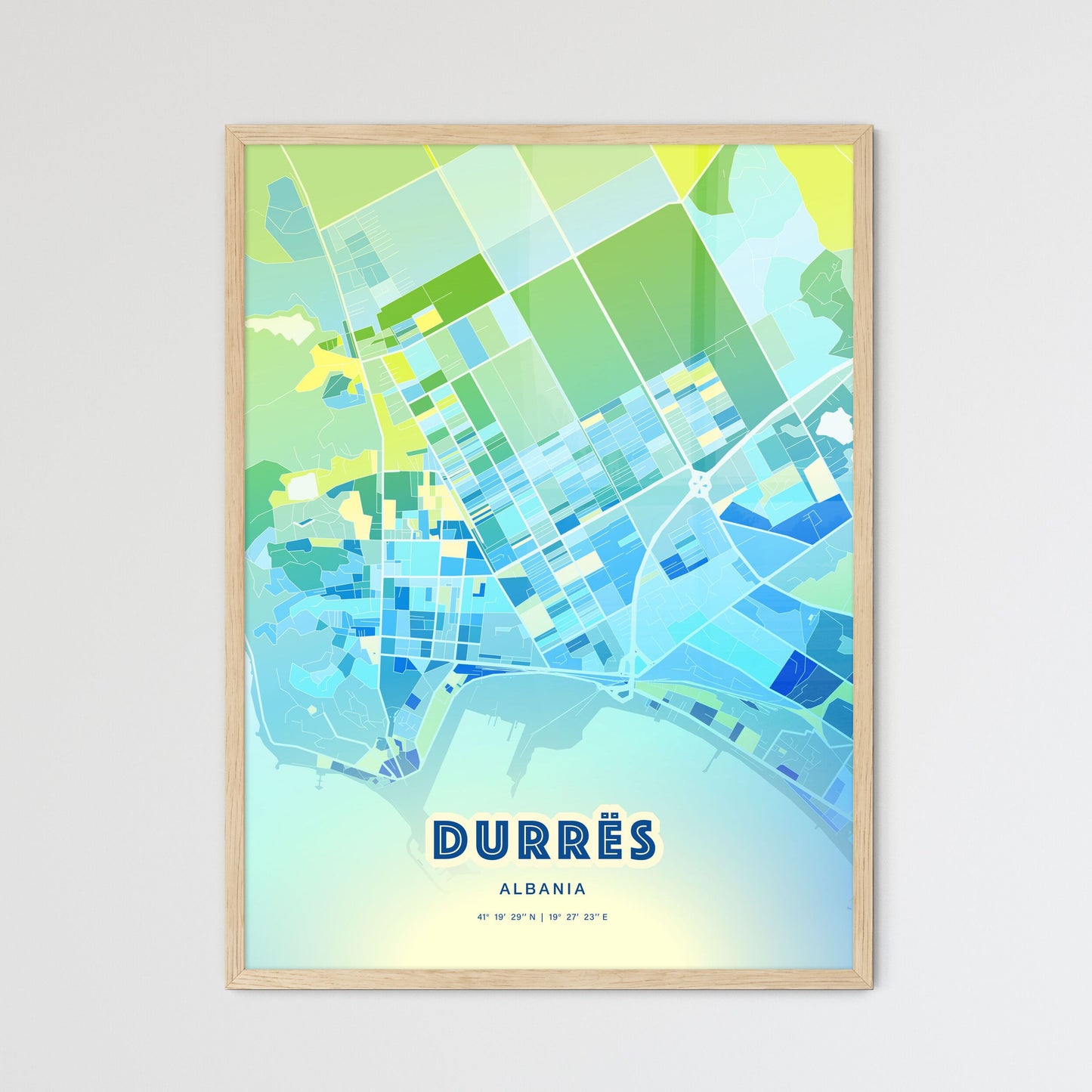 Colorful DURRËS ALBANIA Fine Art Map Cool Blue