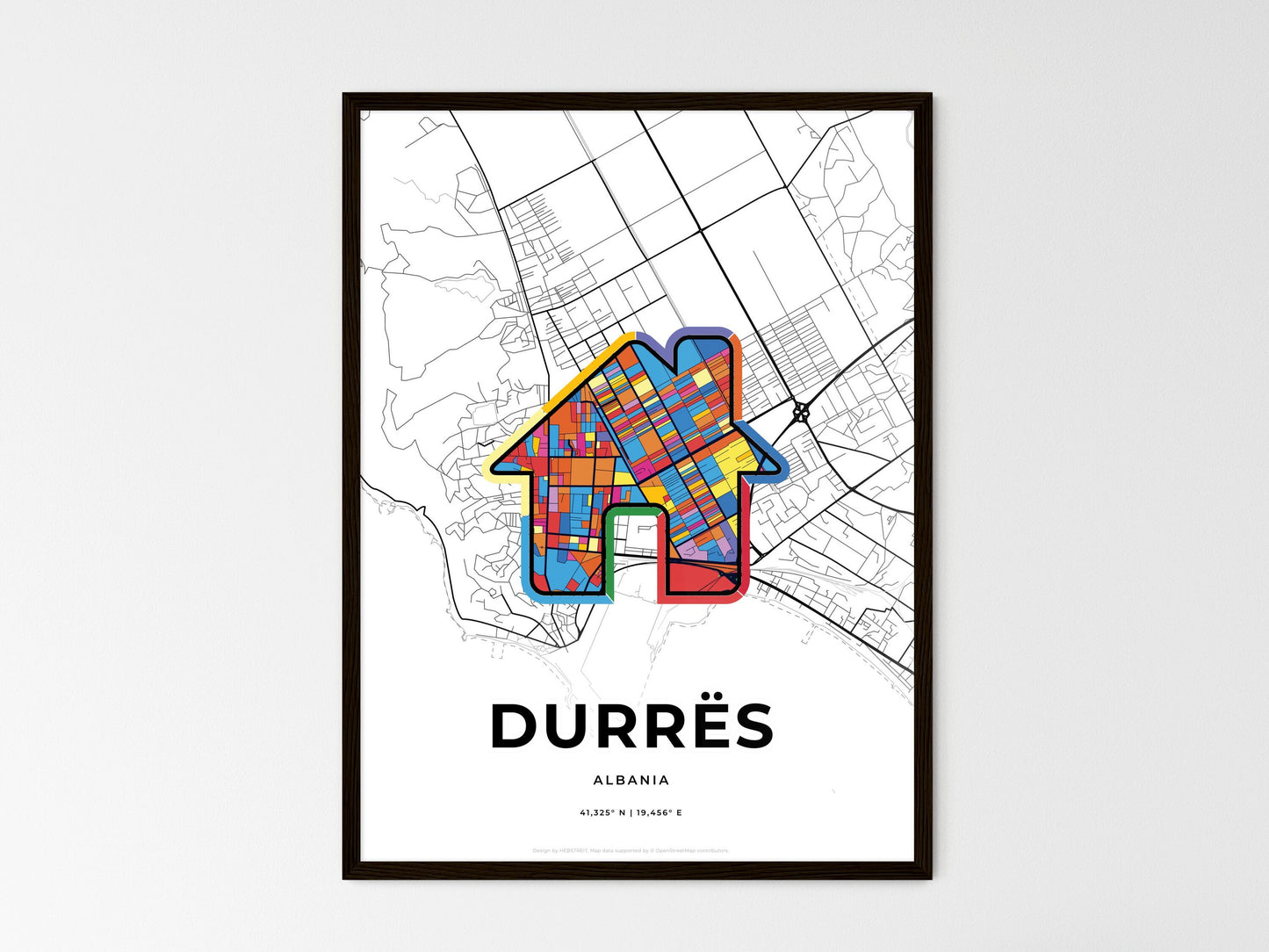 DURRËS ALBANIA minimal art map with a colorful icon. Where it all began, Couple map gift. Style 3