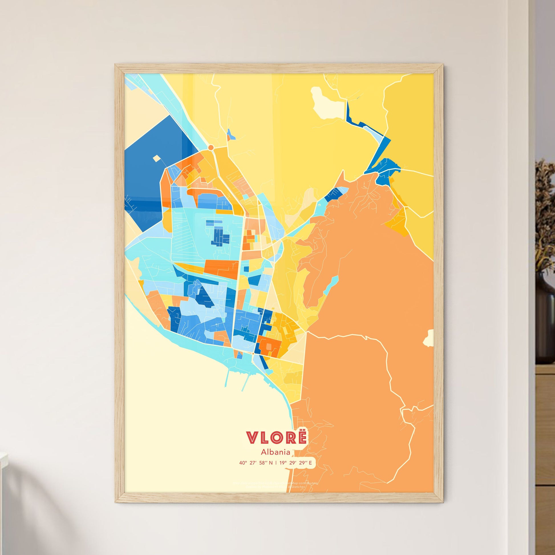 Colorful VLORË ALBANIA Fine Art Map Blue Orange