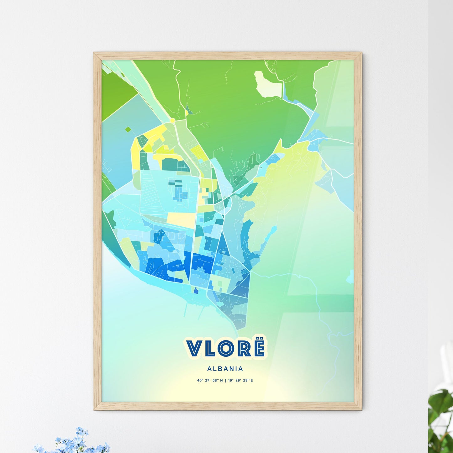 Colorful VLORË ALBANIA Fine Art Map Cool Blue