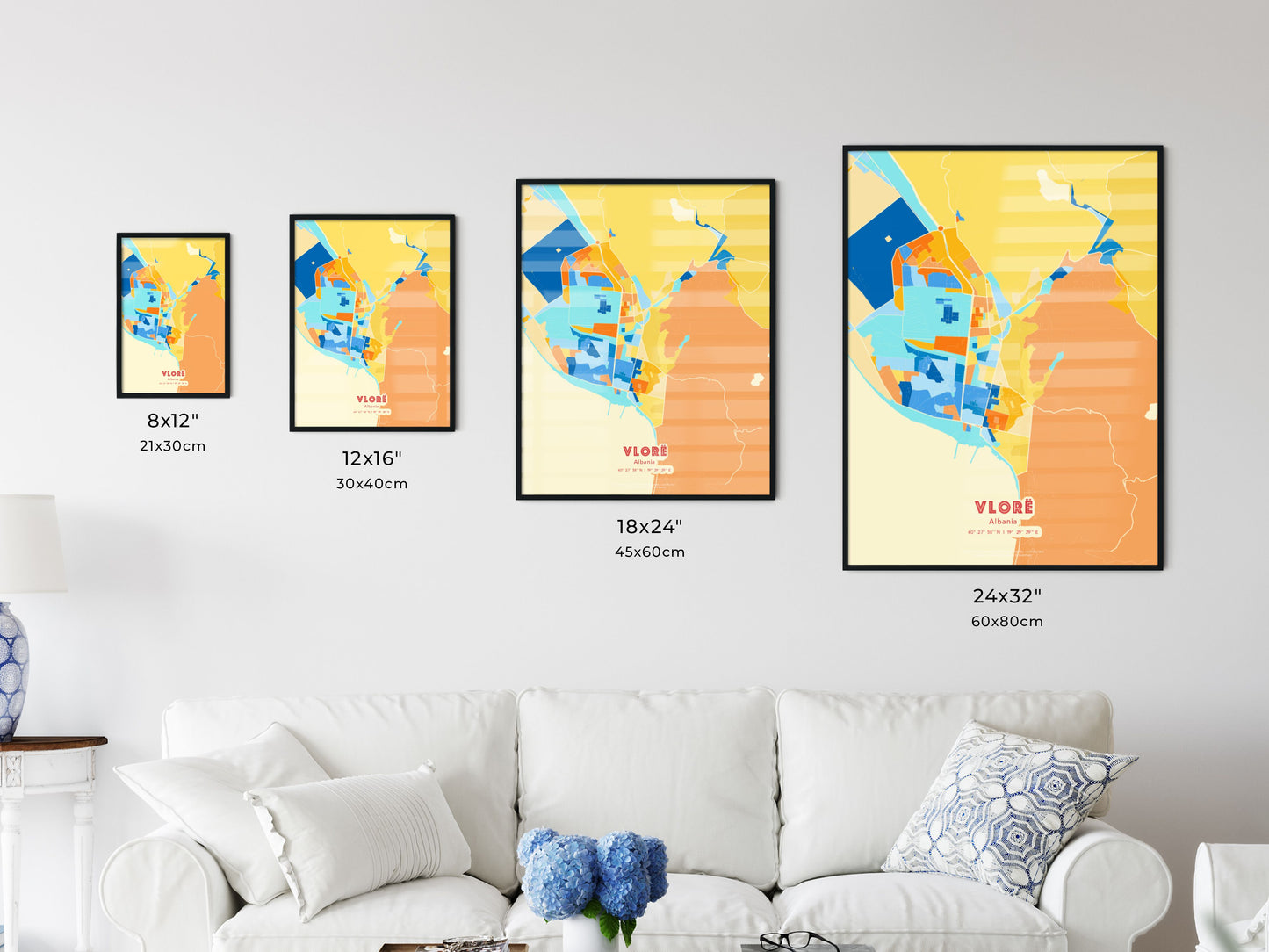 Colorful VLORË ALBANIA Fine Art Map Blue Orange