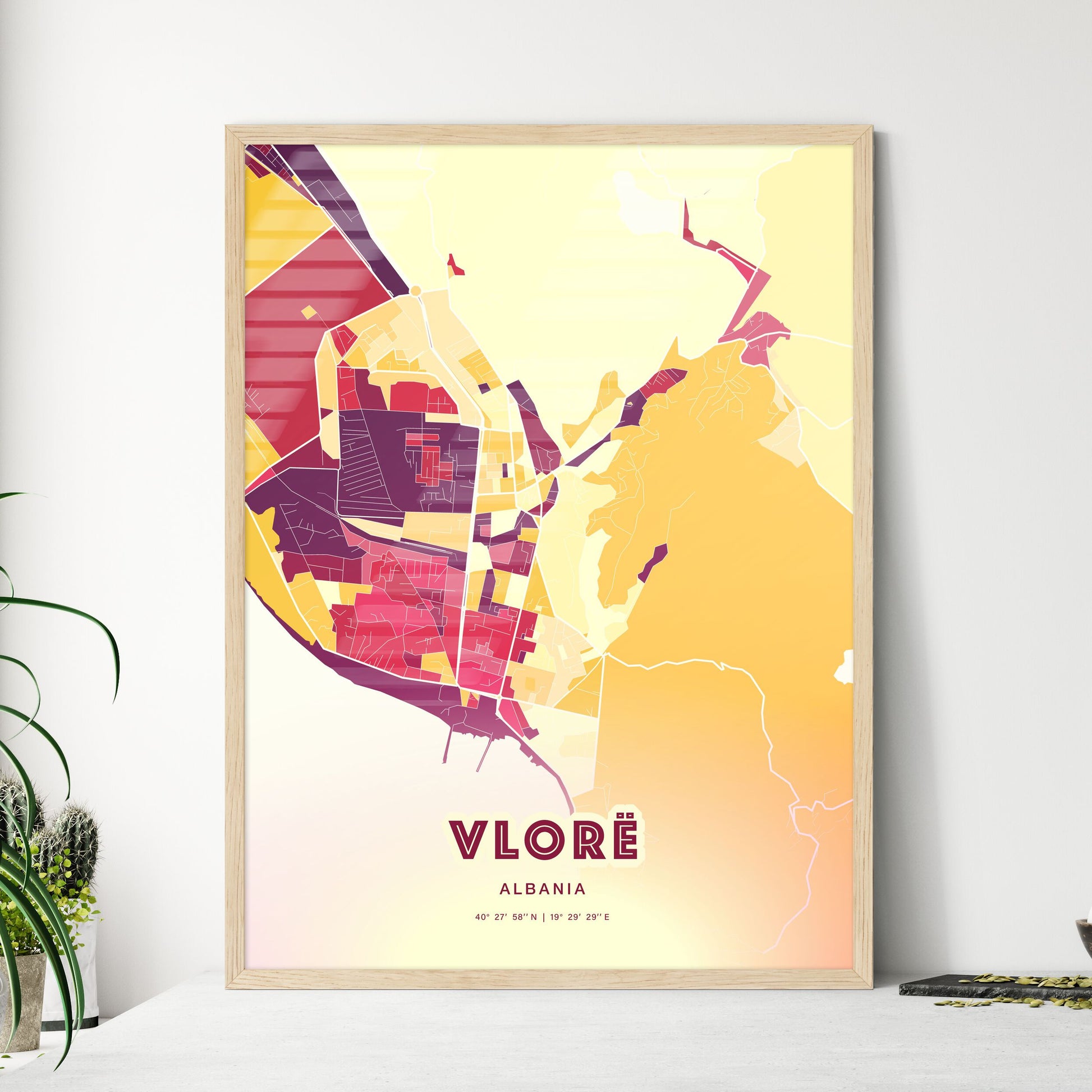 Colorful VLORË ALBANIA Fine Art Map Hot Red