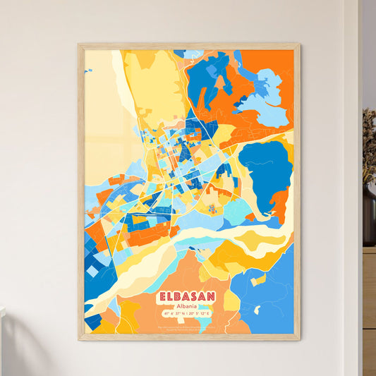 Colorful ELBASAN ALBANIA Fine Art Map Blue Orange