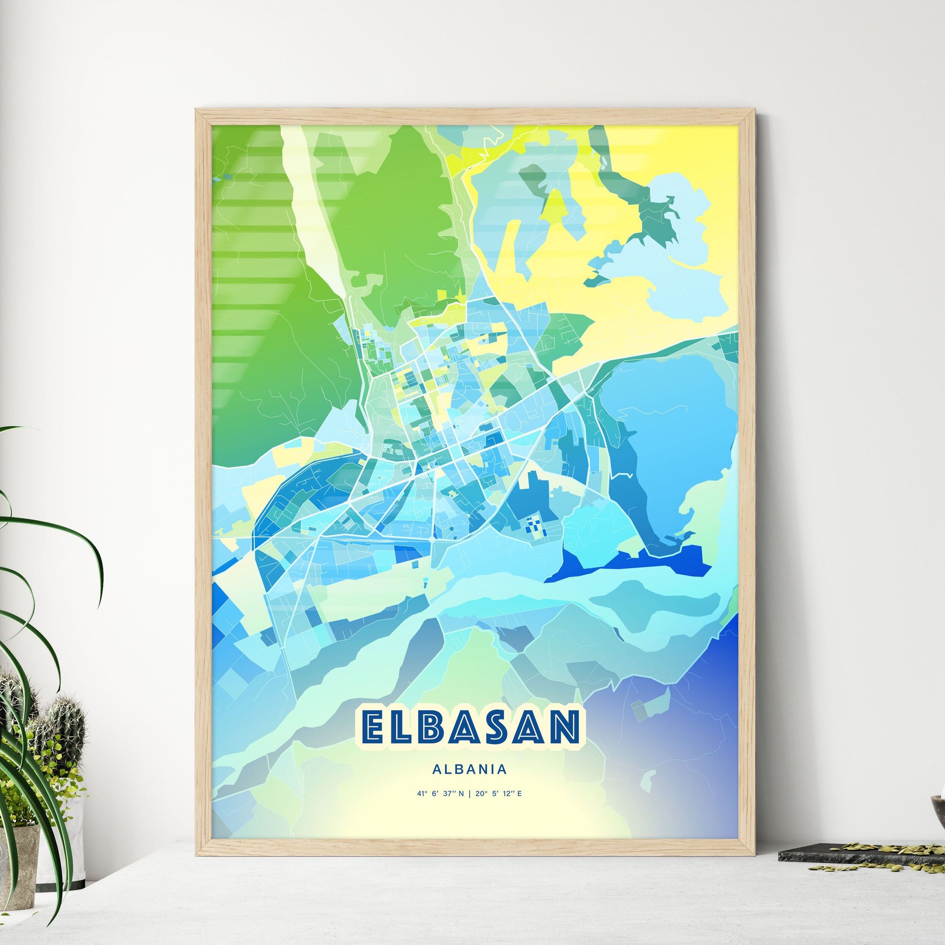 Colorful ELBASAN ALBANIA Fine Art Map Cool Blue