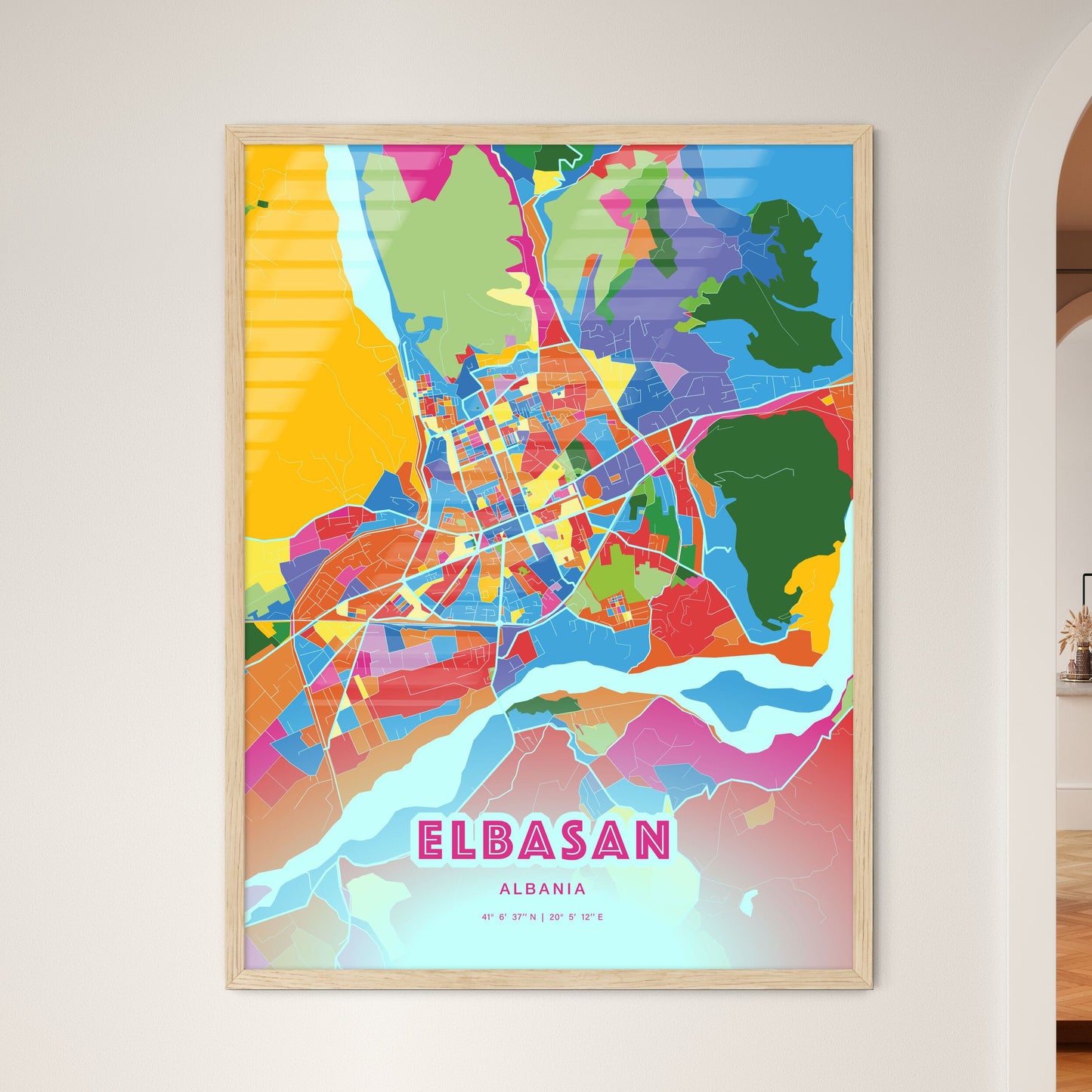 Colorful ELBASAN ALBANIA Fine Art Map Crazy Colors