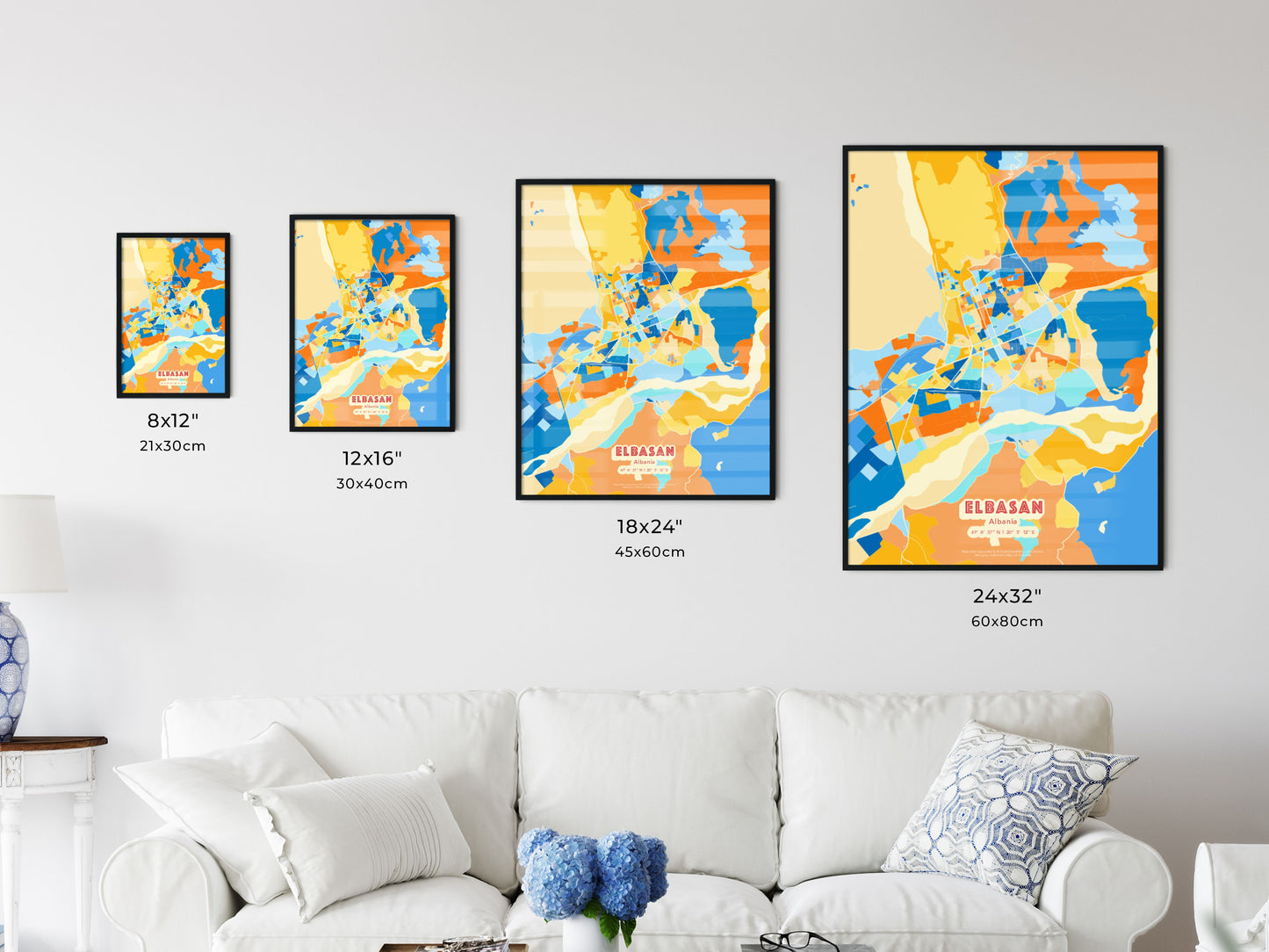 Colorful ELBASAN ALBANIA Fine Art Map Blue Orange