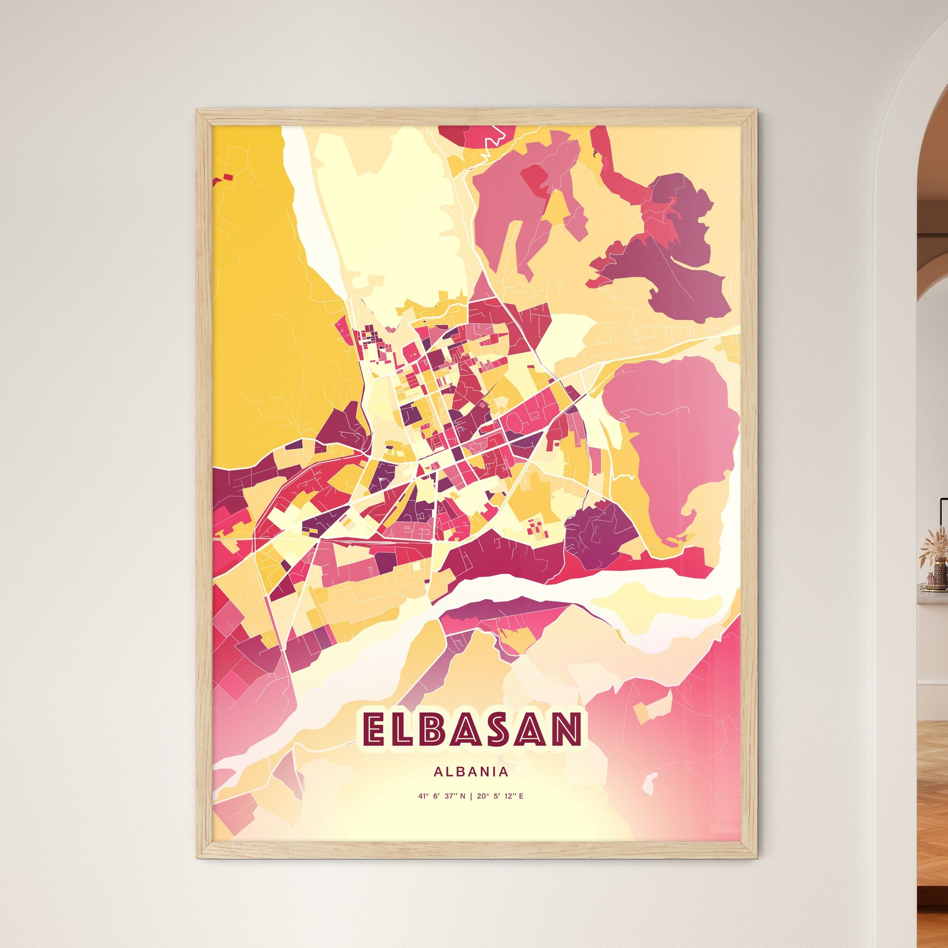 Colorful ELBASAN ALBANIA Fine Art Map Hot Red