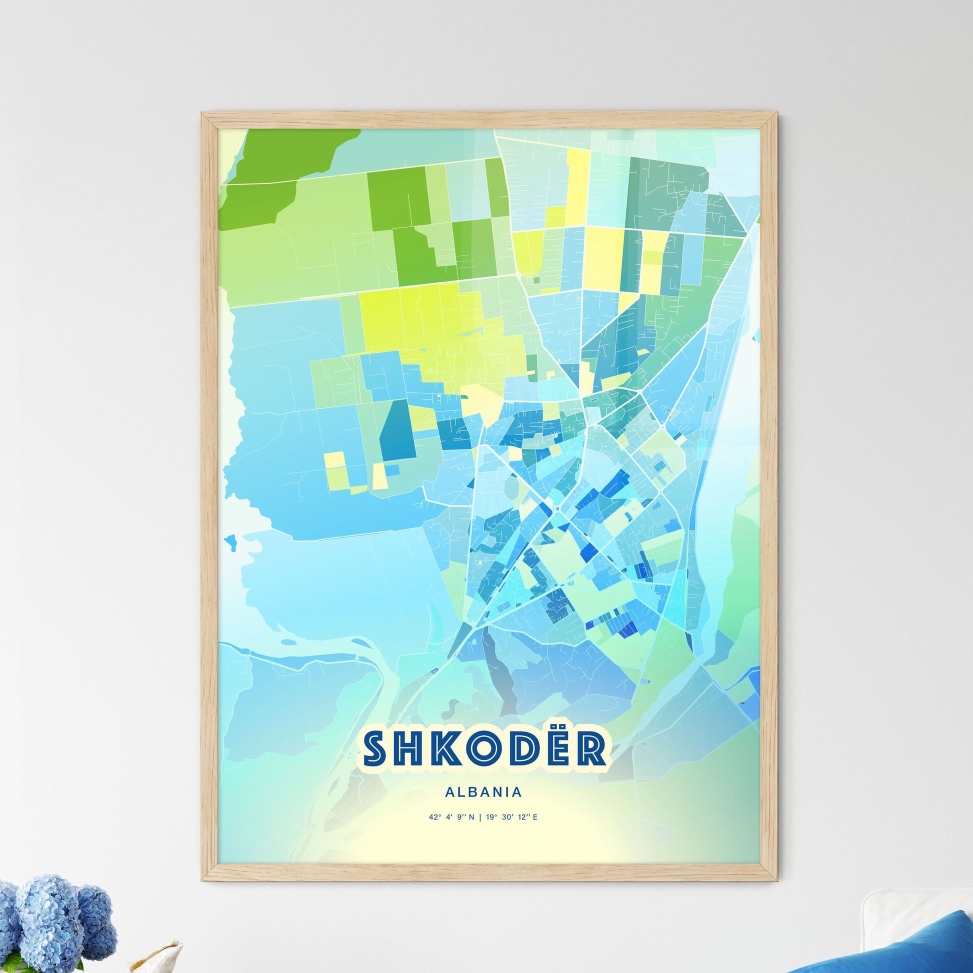 Colorful SHKODËR ALBANIA Fine Art Map Cool Blue