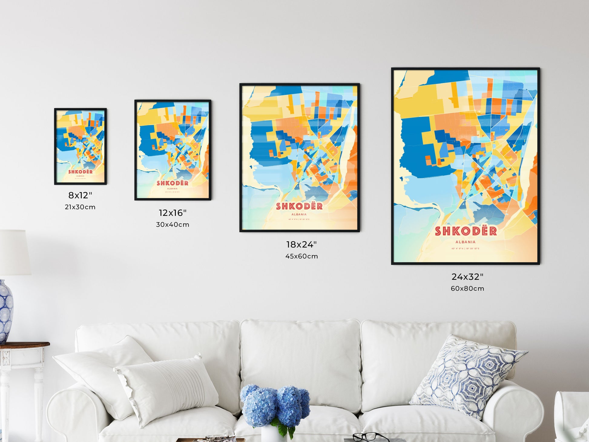 Colorful SHKODËR ALBANIA Fine Art Map Blue Orange