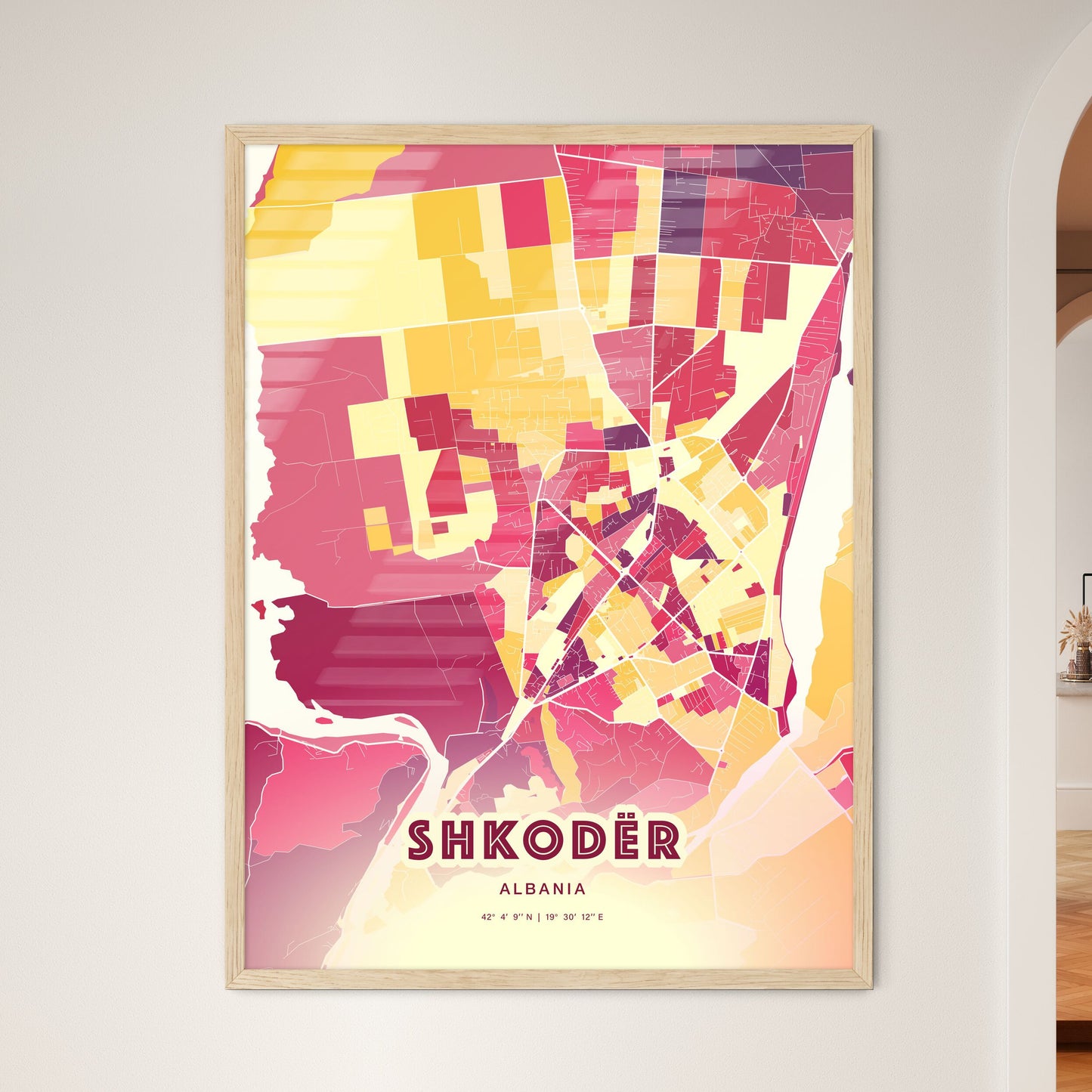 Colorful SHKODËR ALBANIA Fine Art Map Hot Red