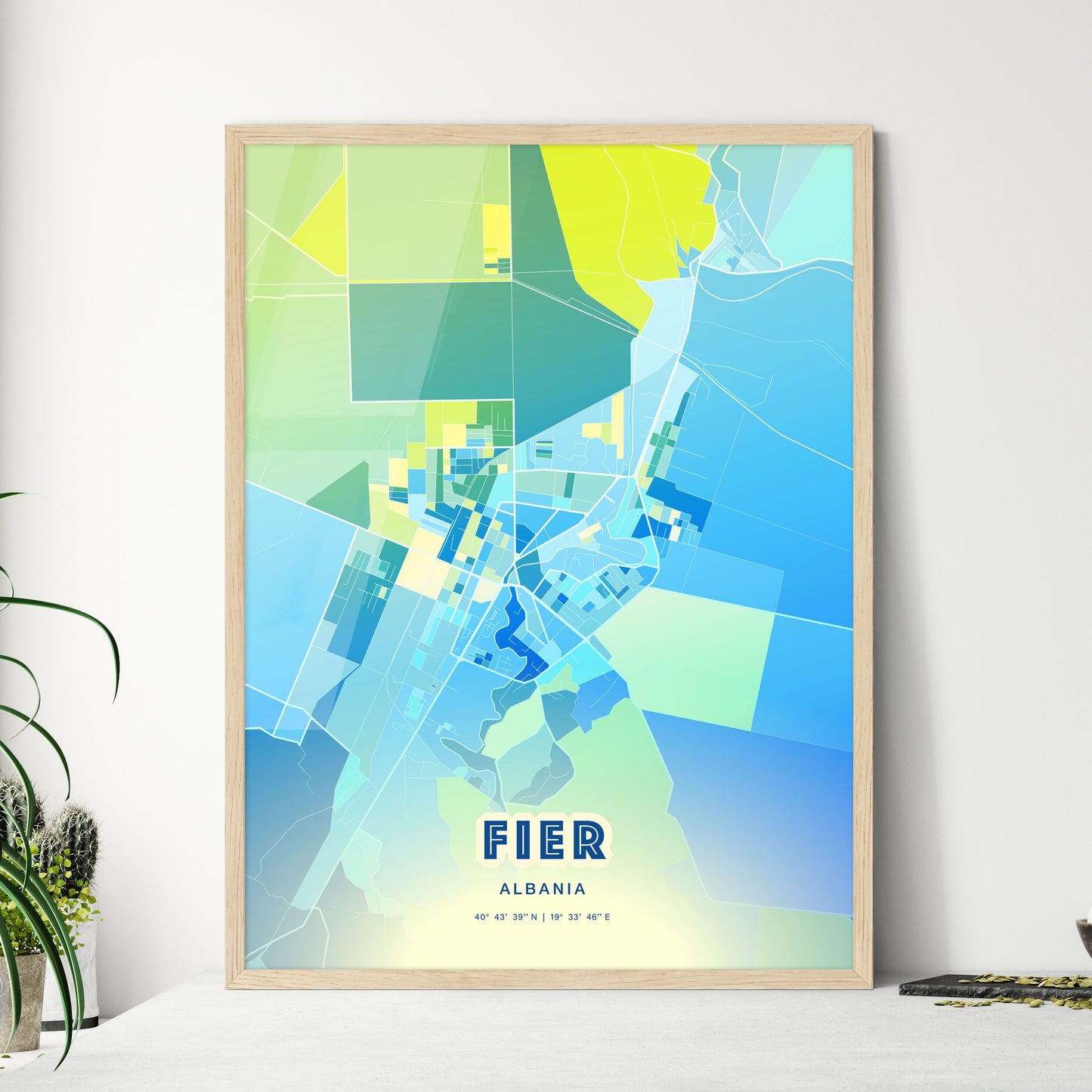 Colorful FIER ALBANIA Fine Art Map Cool Blue