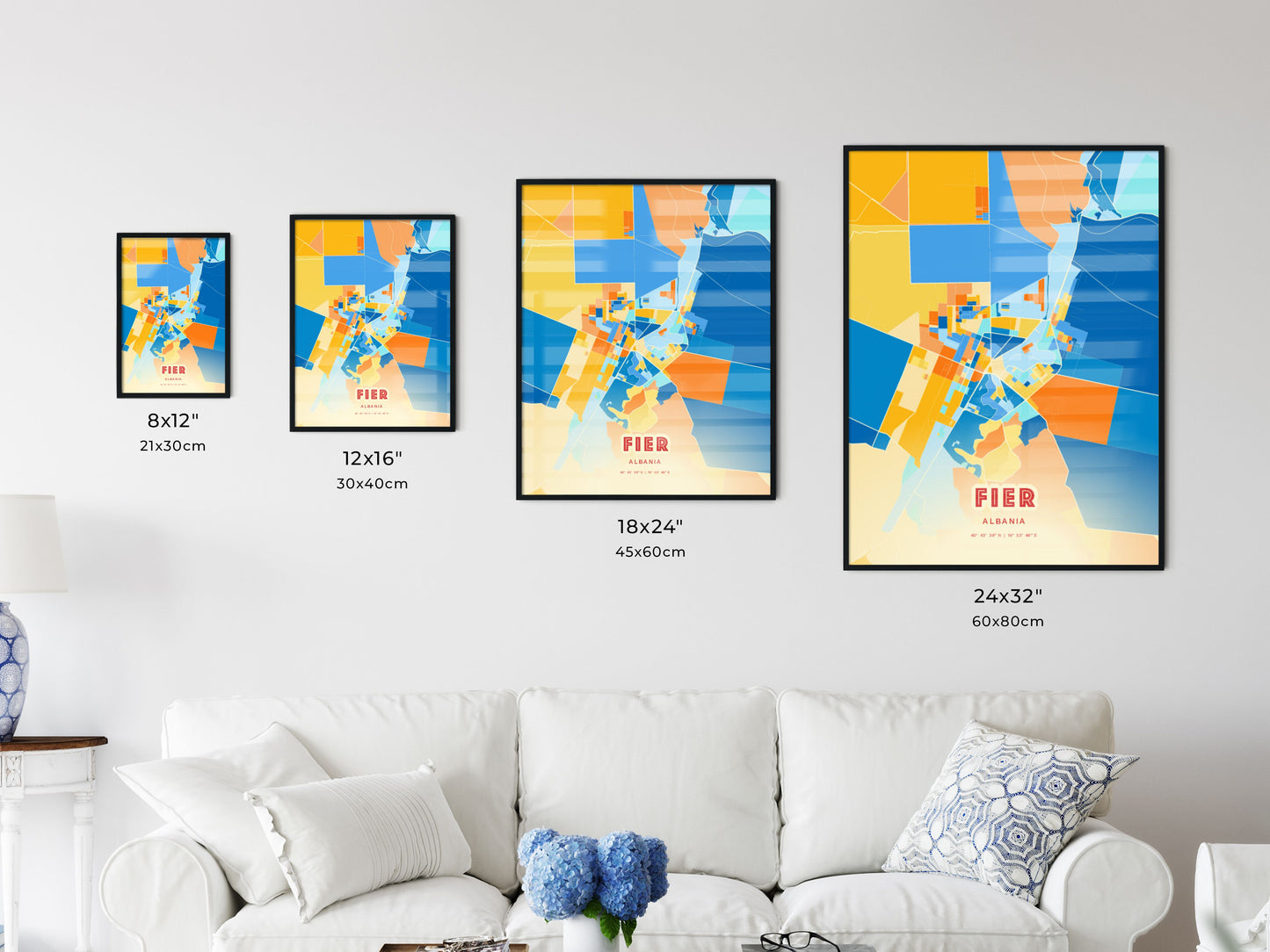 Colorful FIER ALBANIA Fine Art Map Blue Orange