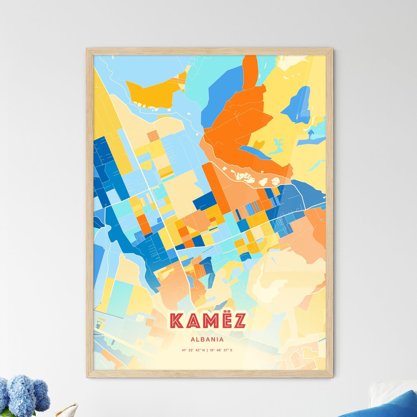 Colorful KAMËZ ALBANIA Fine Art Map Blue Orange