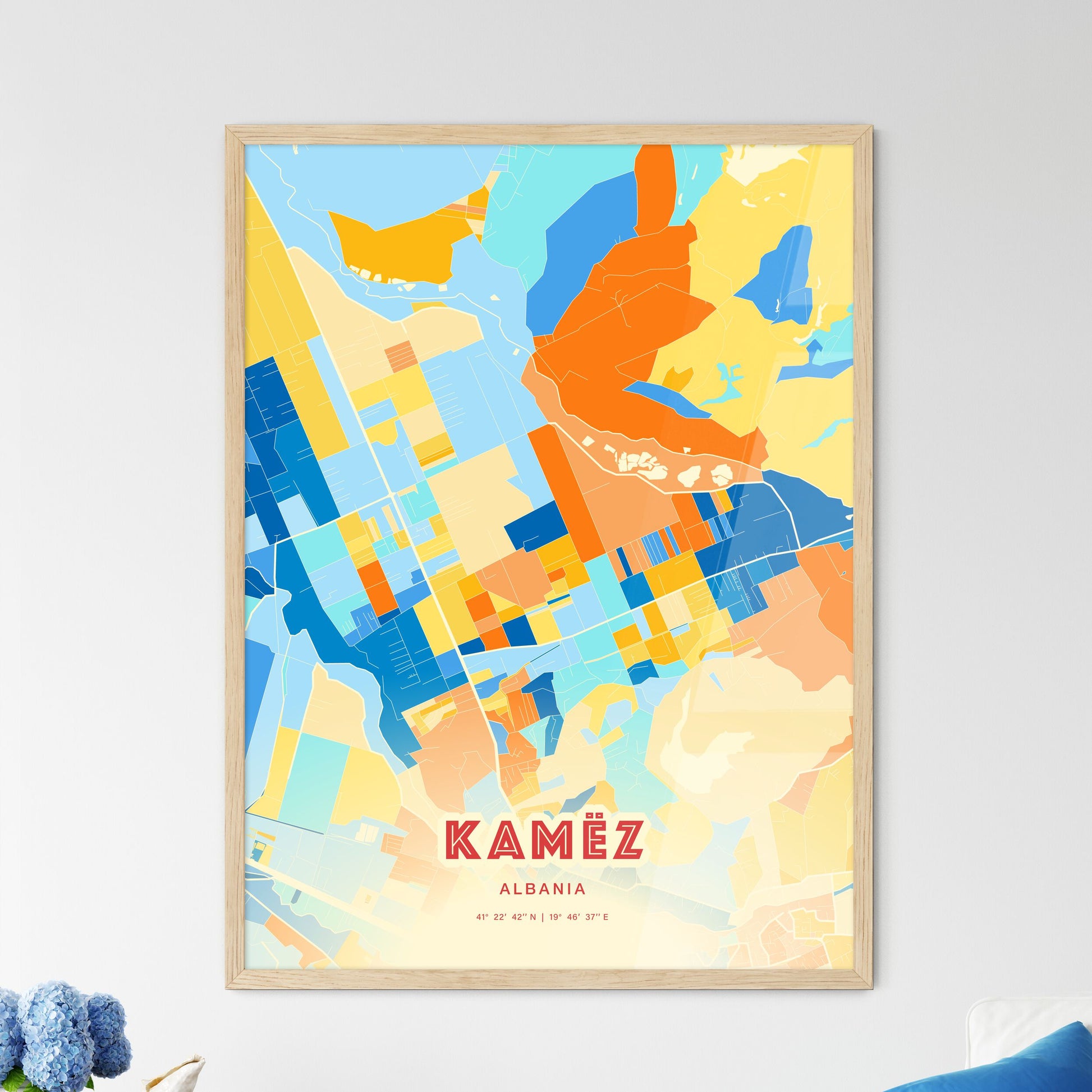 Colorful KAMËZ ALBANIA Fine Art Map Blue Orange