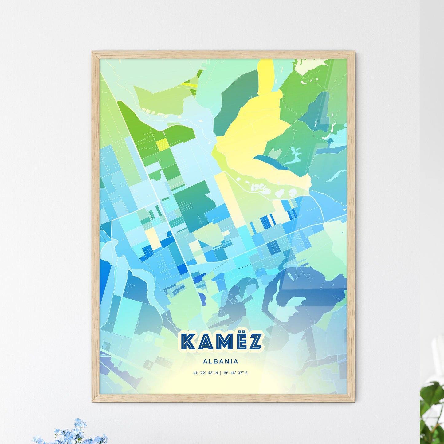 Colorful KAMËZ ALBANIA Fine Art Map Cool Blue