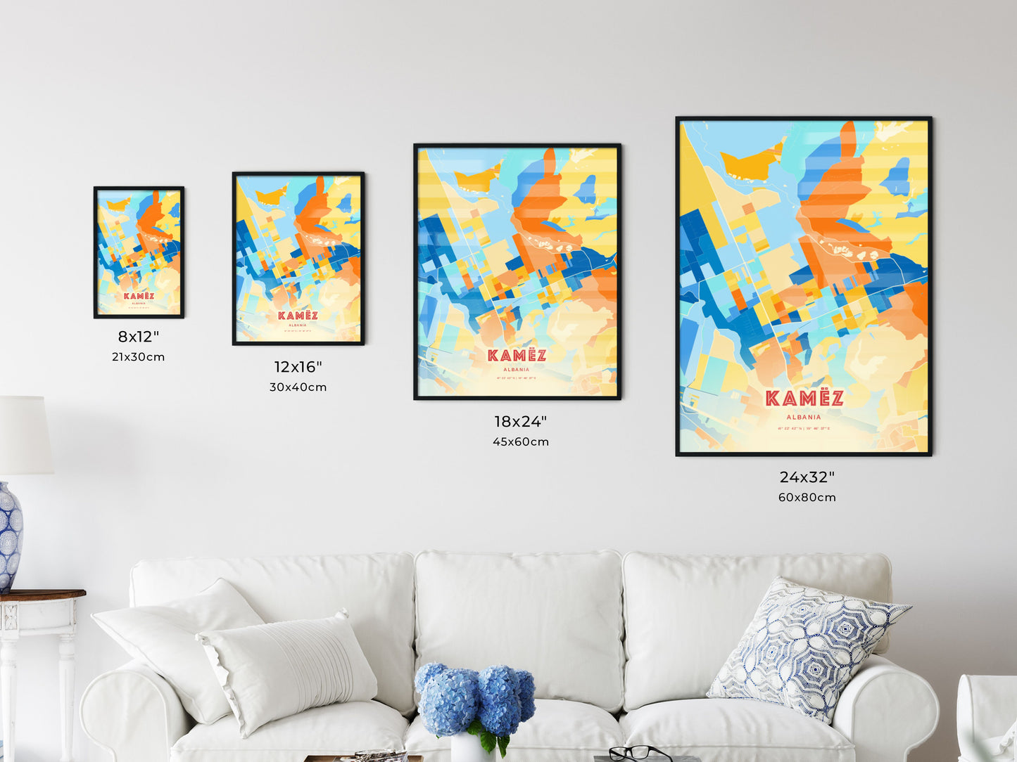 Colorful KAMËZ ALBANIA Fine Art Map Blue Orange