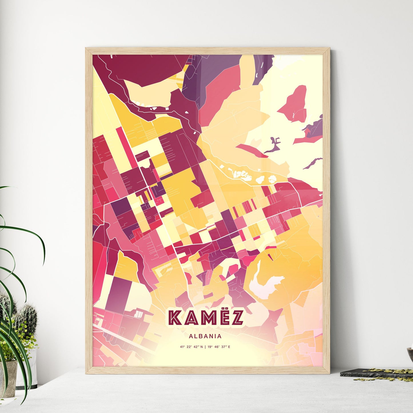 Colorful KAMËZ ALBANIA Fine Art Map Hot Red