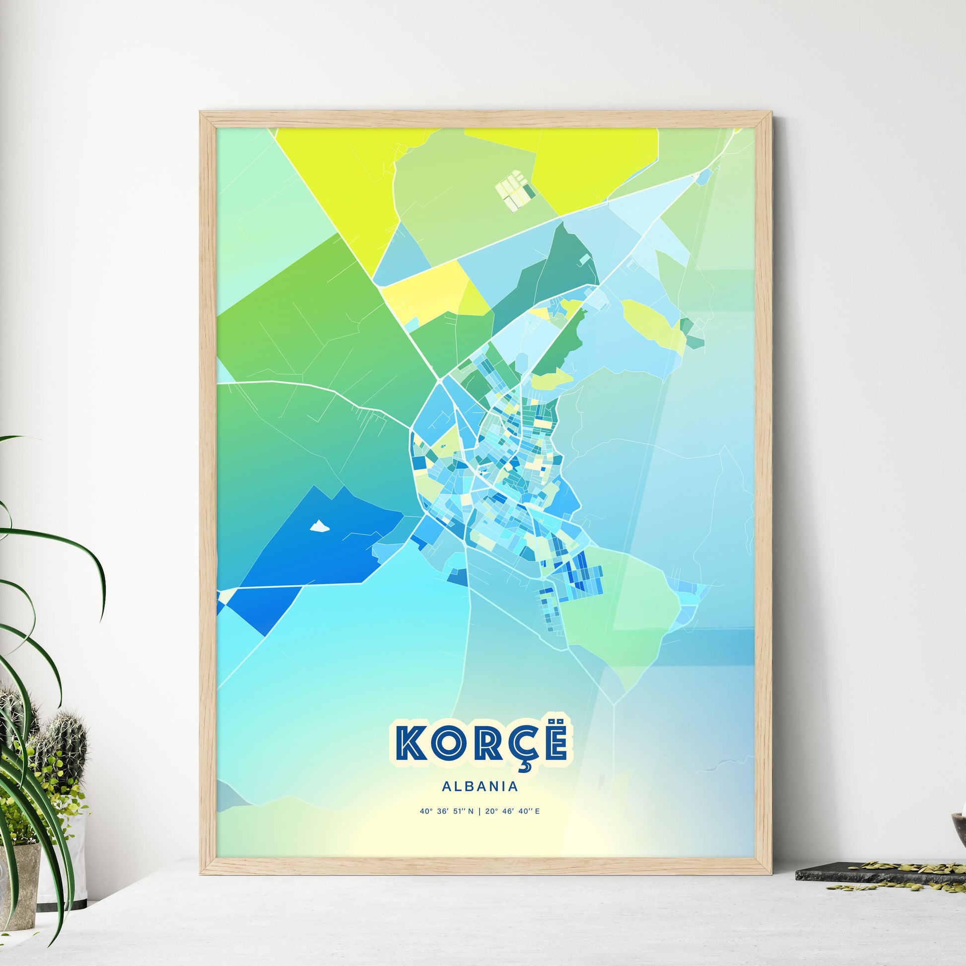 Colorful KORÇË ALBANIA Fine Art Map Cool Blue