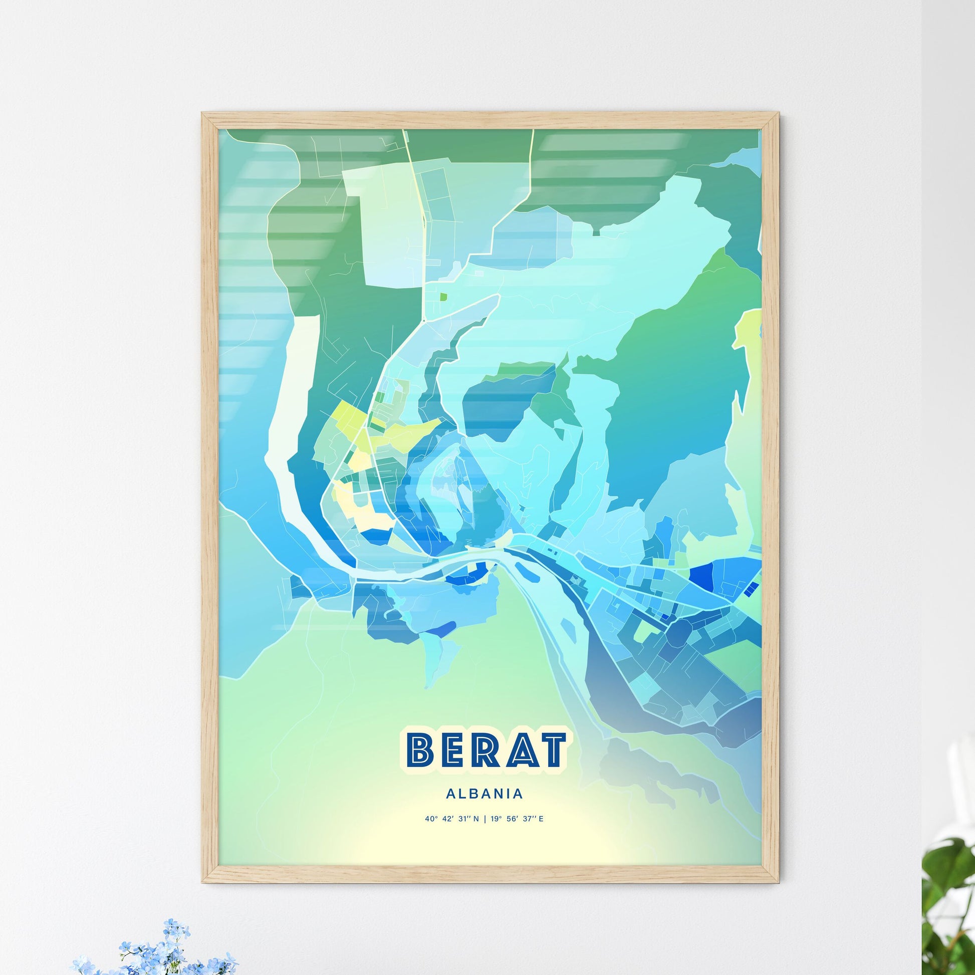 Colorful BERAT ALBANIA Fine Art Map Cool Blue