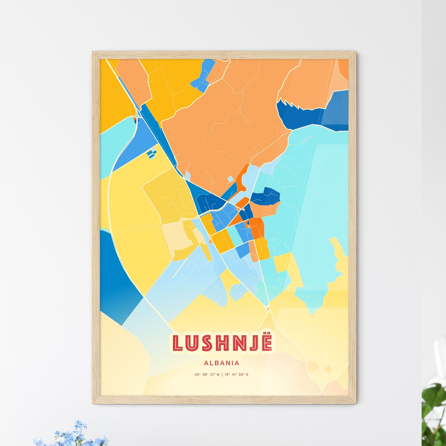 Colorful LUSHNJË ALBANIA Fine Art Map Blue Orange