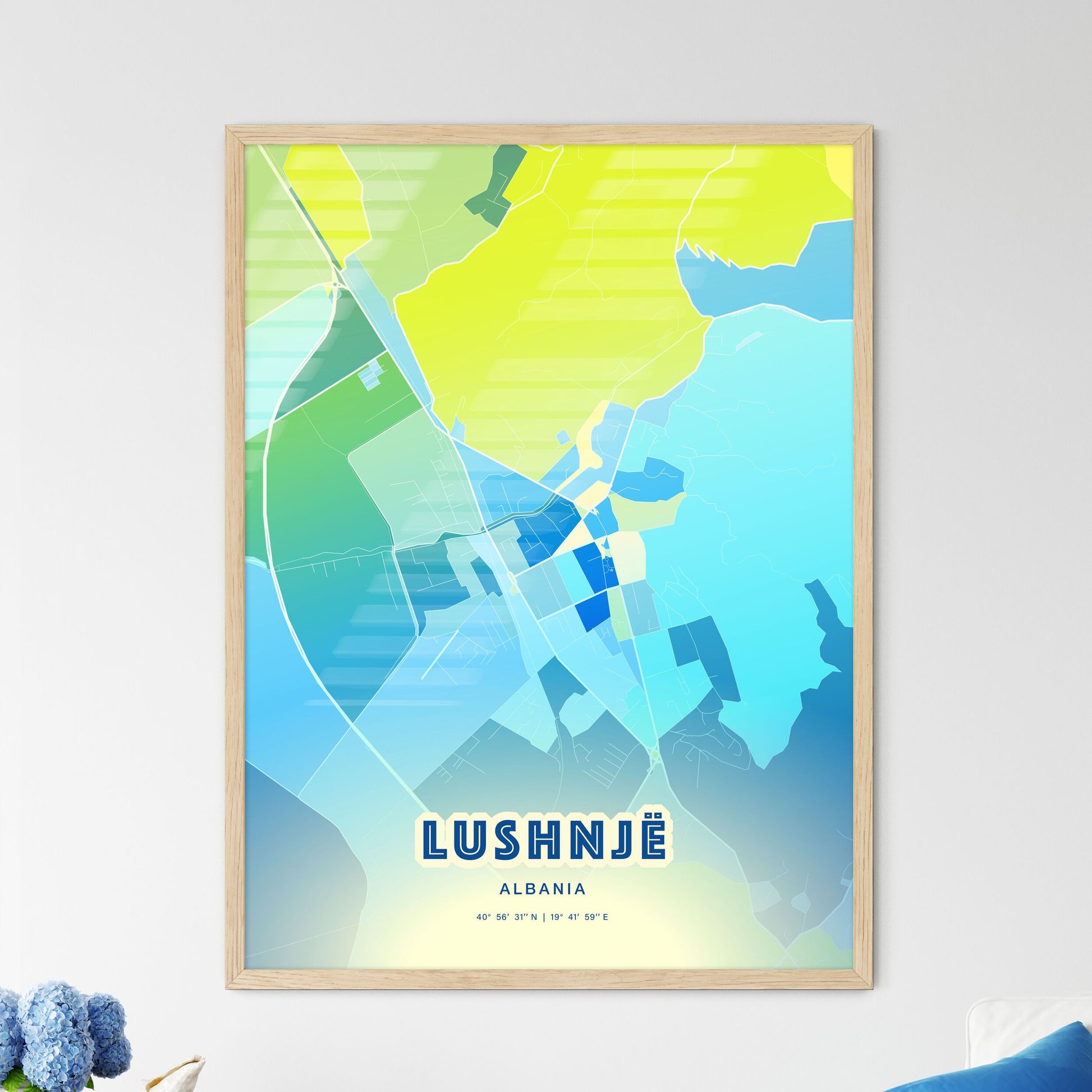 Colorful LUSHNJË ALBANIA Fine Art Map Cool Blue