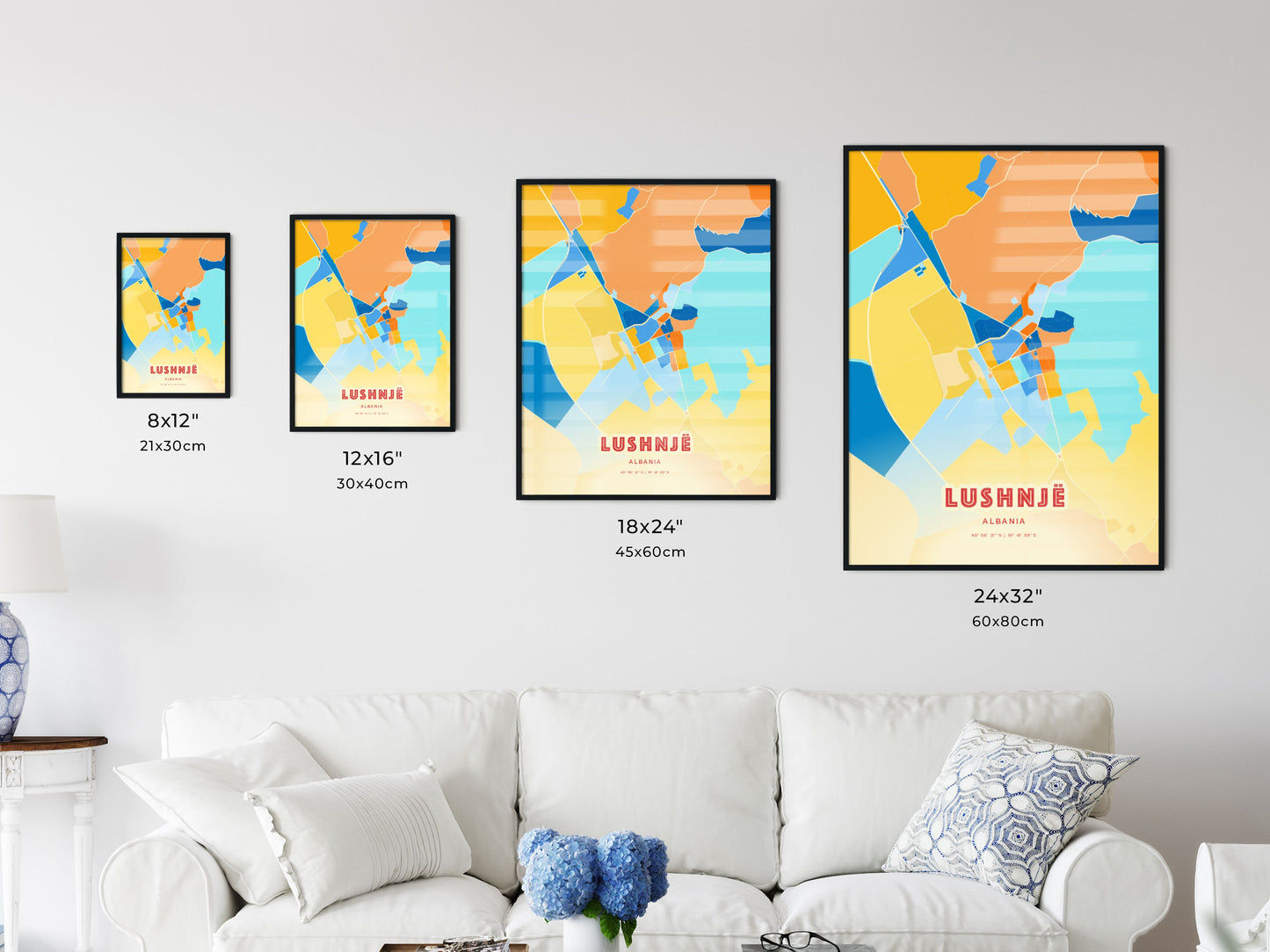 Colorful LUSHNJË ALBANIA Fine Art Map Blue Orange