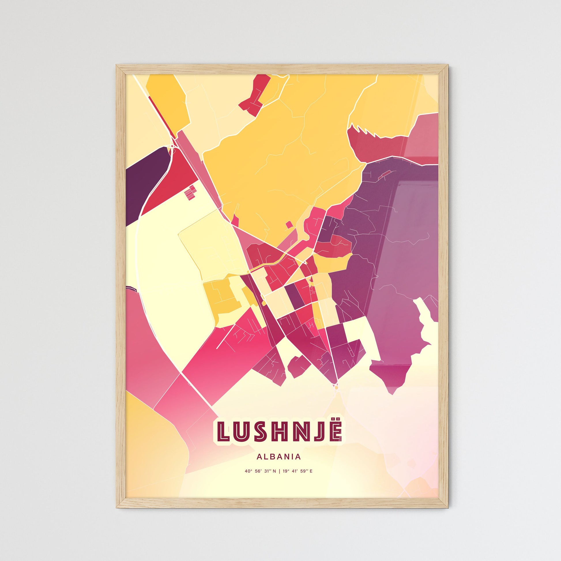 Colorful LUSHNJË ALBANIA Fine Art Map Hot Red