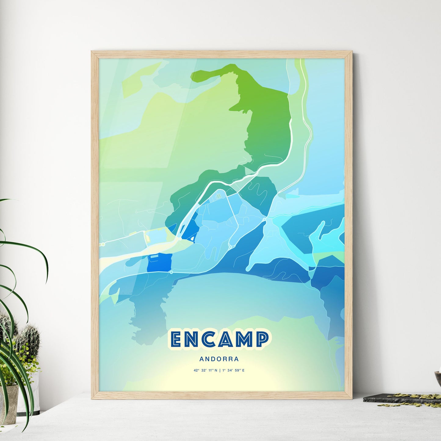 Colorful ENCAMP ANDORRA Fine Art Map Cool Blue