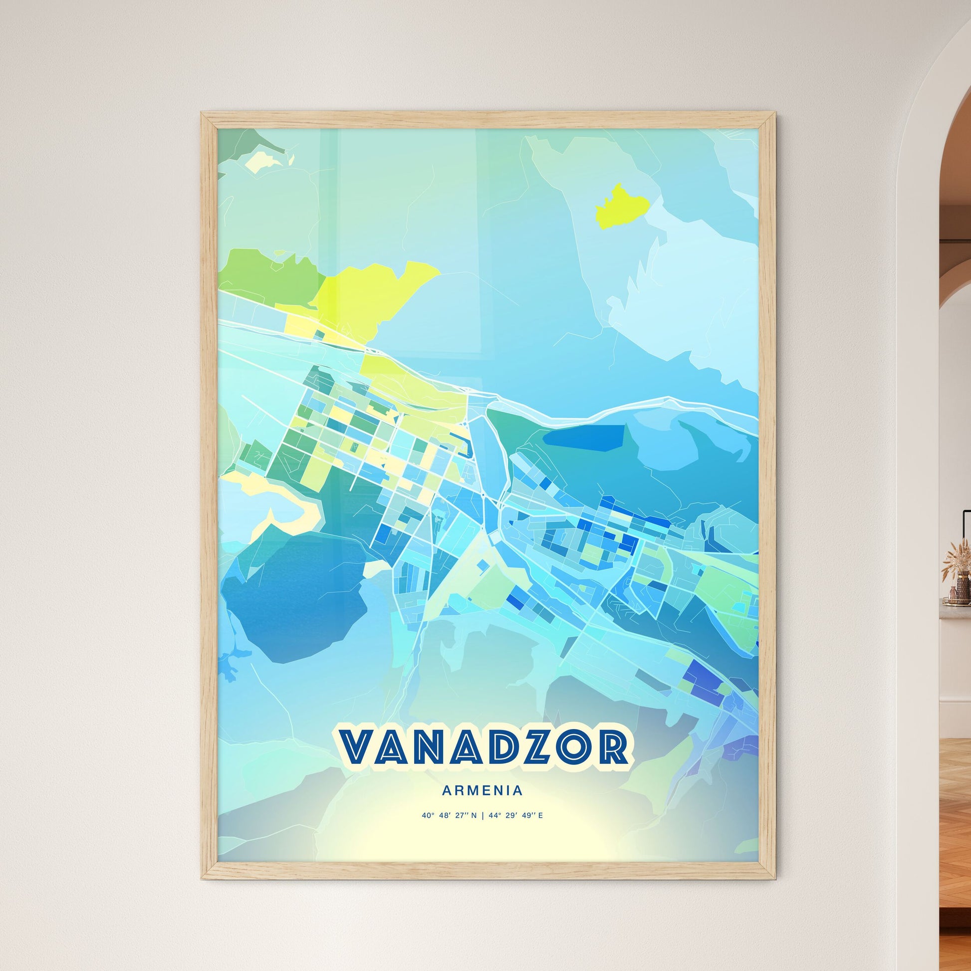 Colorful VANADZOR ARMENIA Fine Art Map Cool Blue