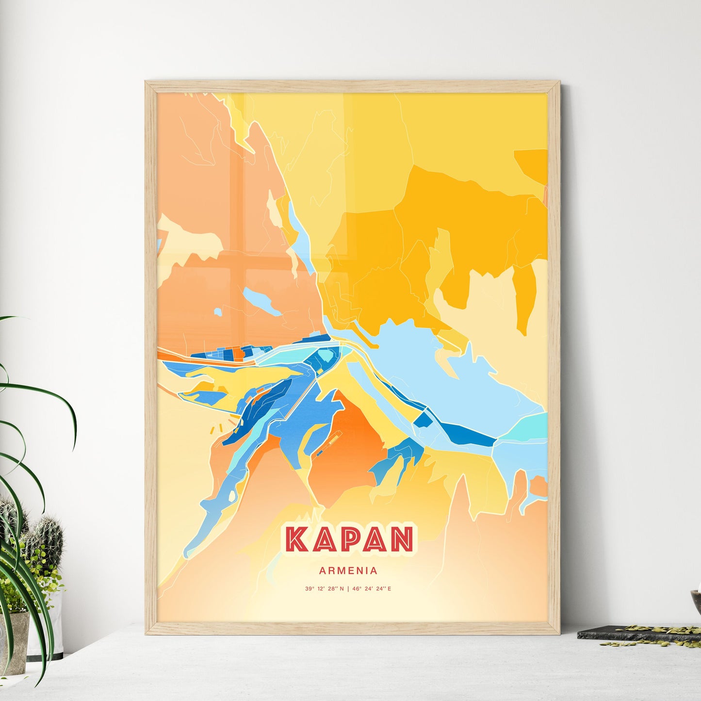 Colorful KAPAN ARMENIA Fine Art Map Blue Orange