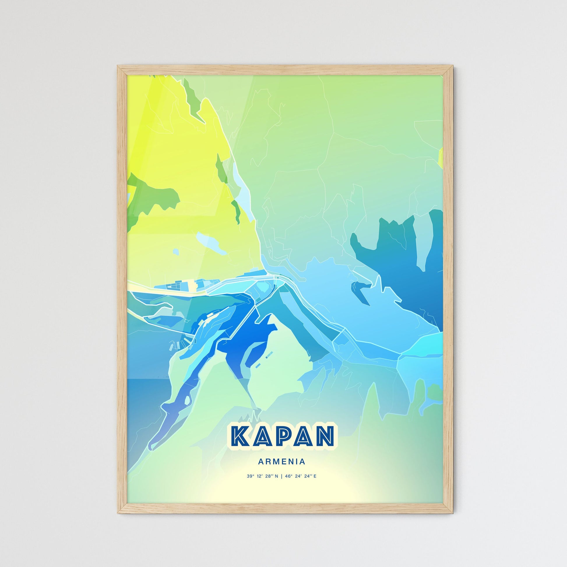 Colorful KAPAN ARMENIA Fine Art Map Cool Blue