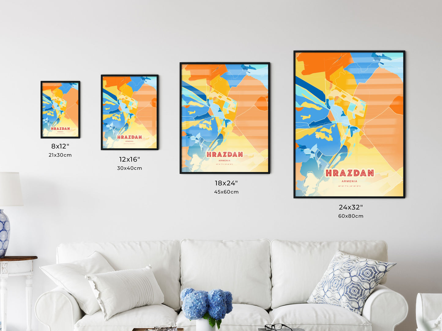 Colorful HRAZDAN ARMENIA Fine Art Map Blue Orange