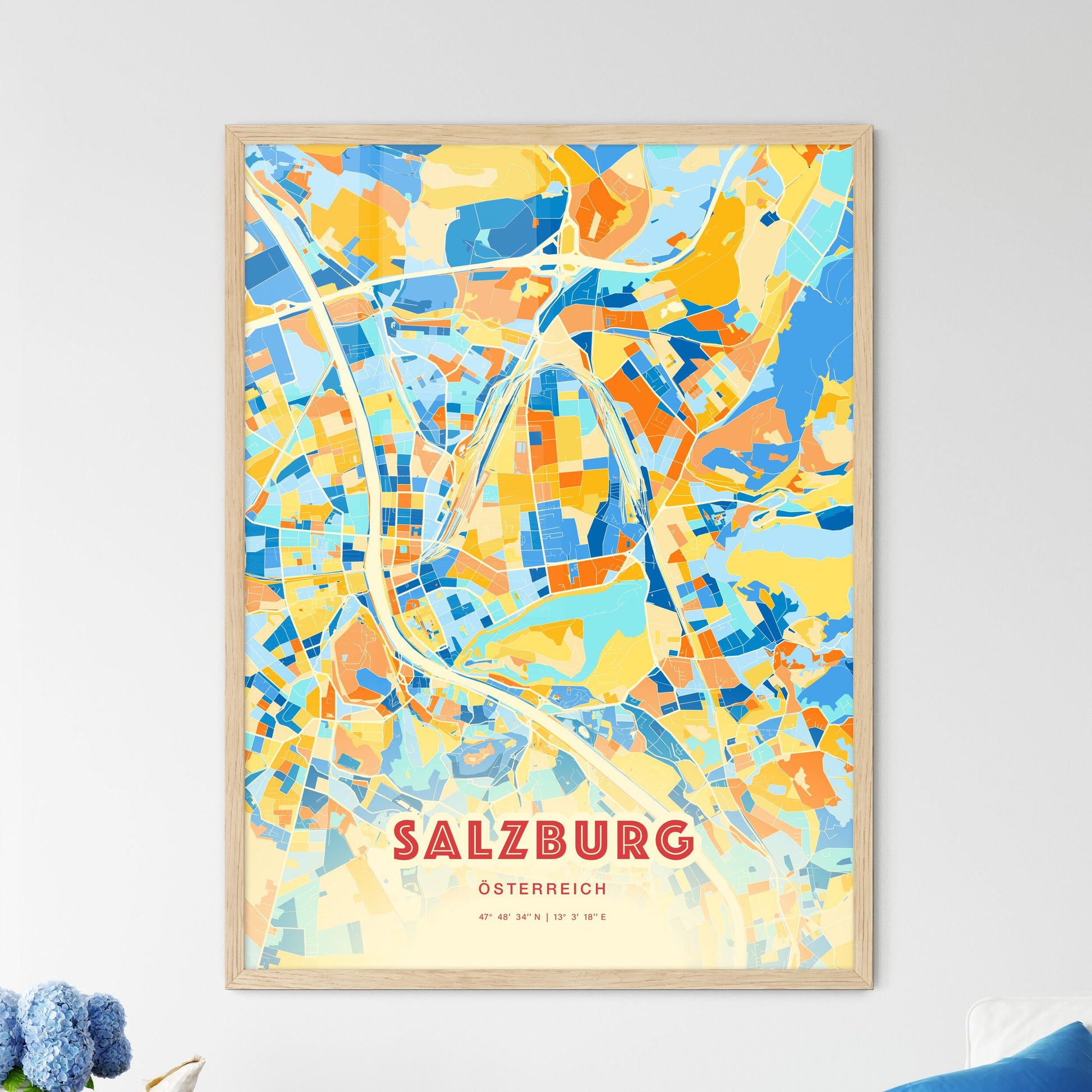 Colorful Salzburg Austria Fine Art Map Blue Orange